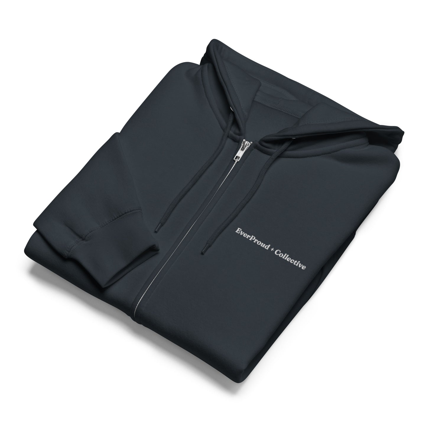 EverProud Logo Minimalist Zip Hoodie — navy, front view, queer-owned PNW Pride apparel