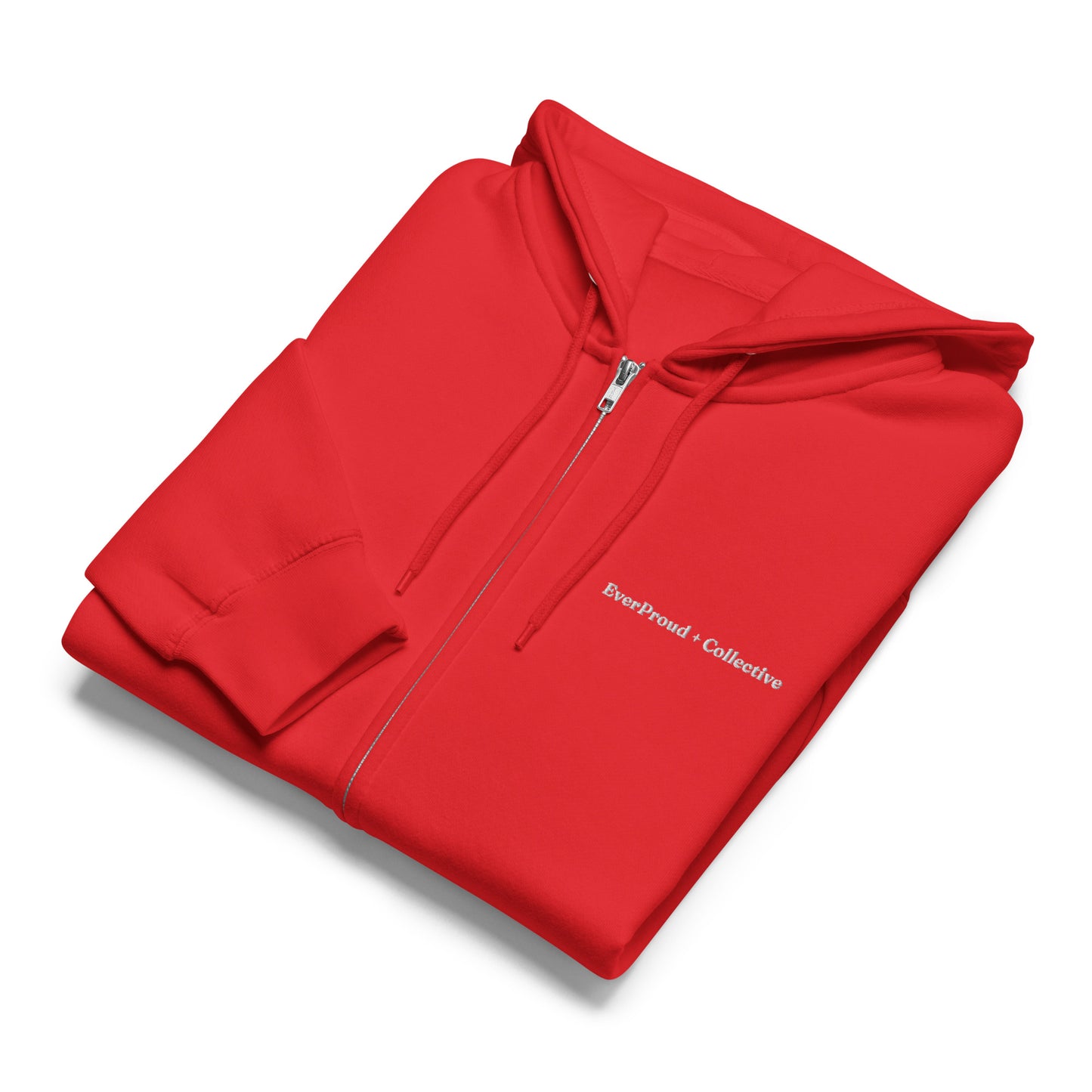 EverProud Logo Minimalist Zip Hoodie — red, front view, queer-owned PNW Pride apparel
