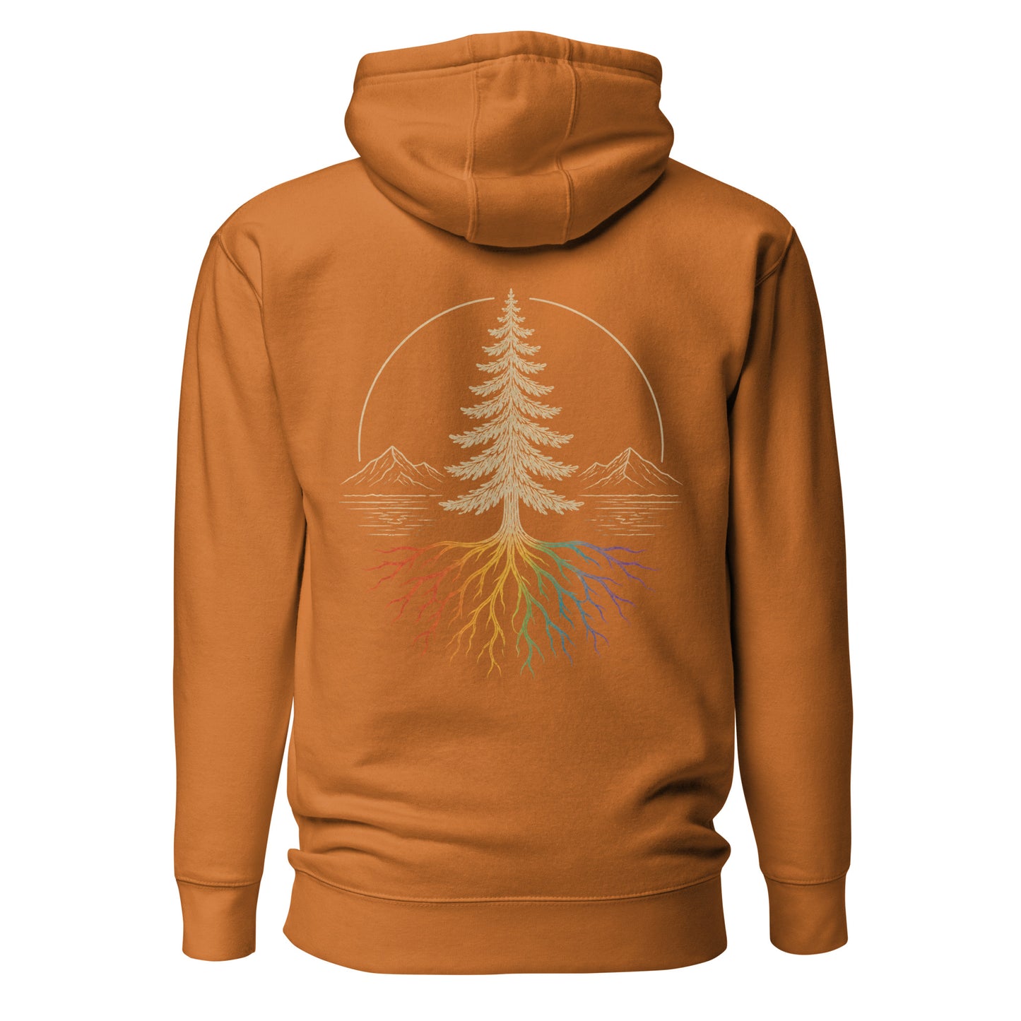 Beneath the Canopy Hoodie — adobe, back view, queer-owned PNW Pride apparel