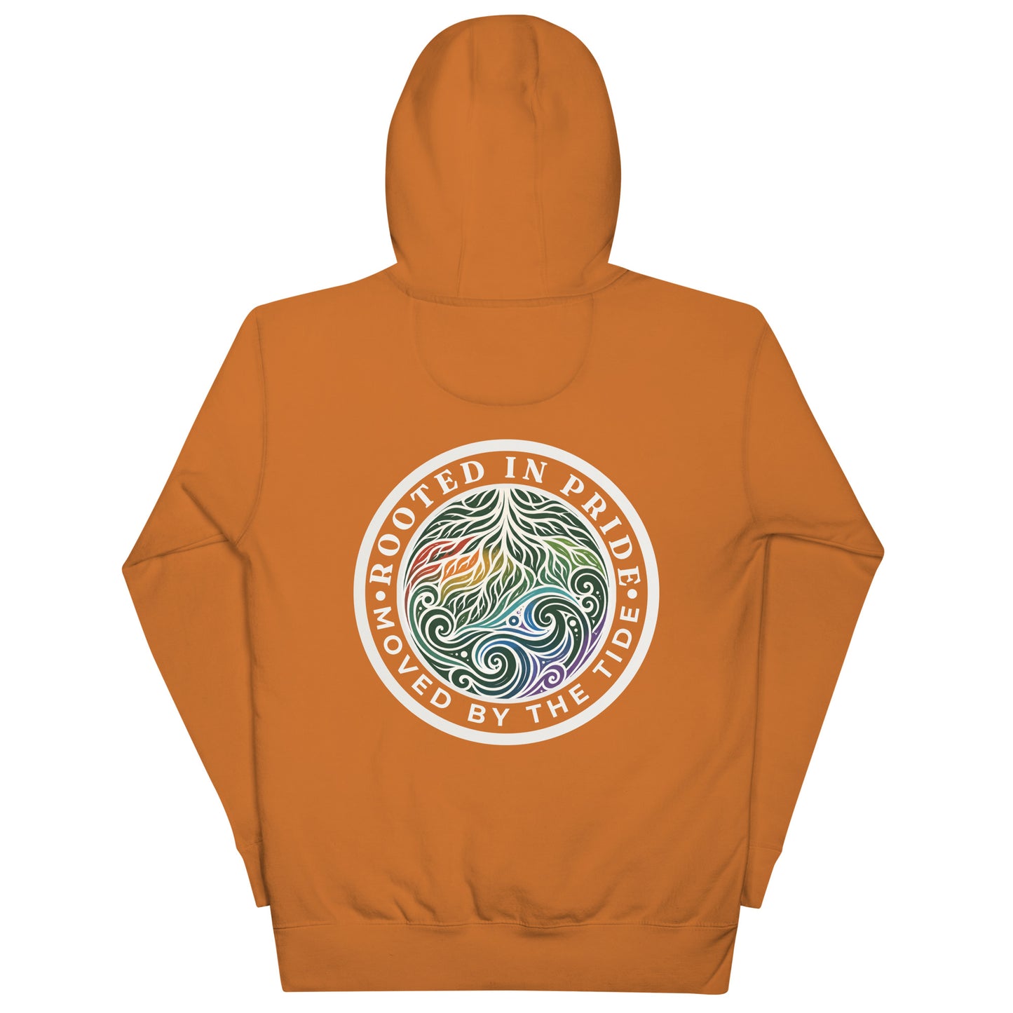 Moved by the Tide Hoodie — adobe, back view, queer-owned PNW Pride apparel