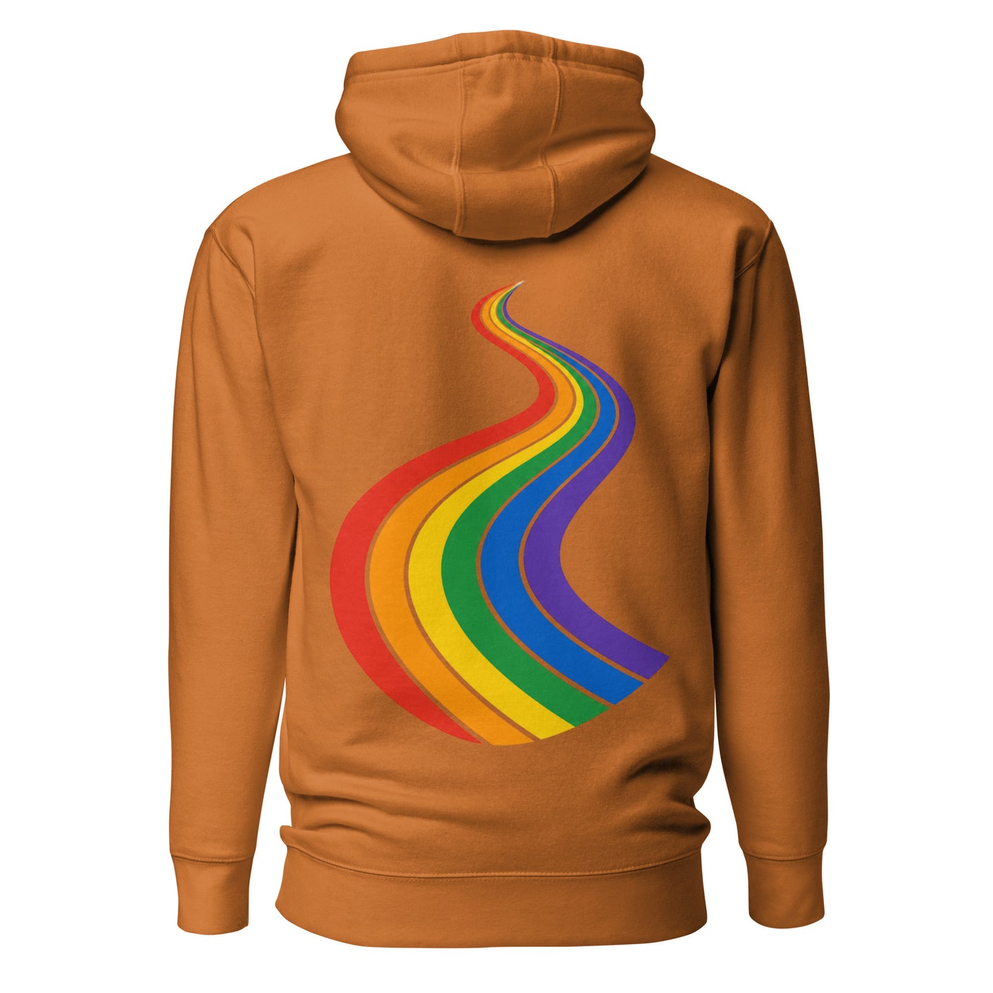 ProudPath Hoodie — adobe, back view, queer-owned PNW Pride apparel