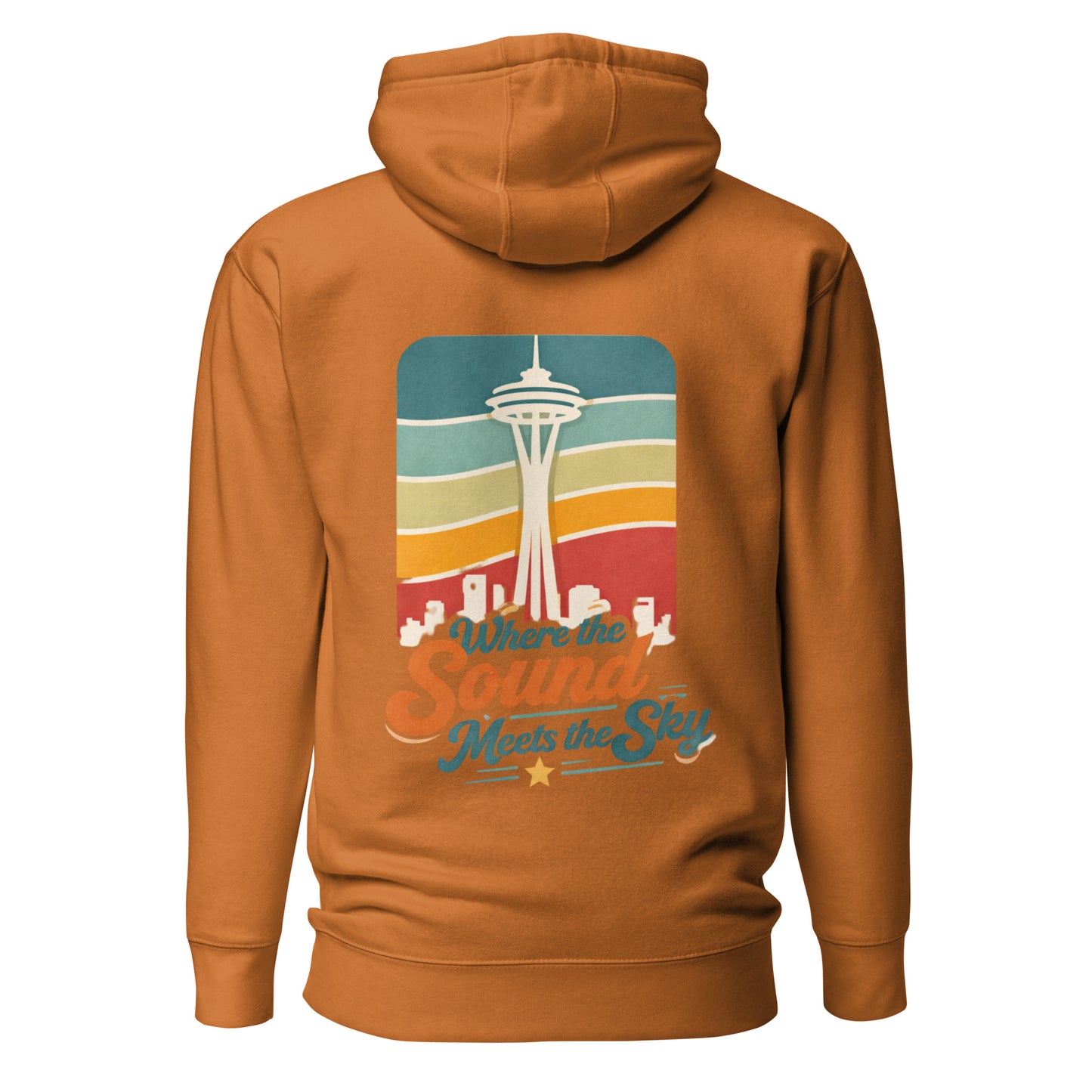 Where the Sound Meets the Sky Hoodie — adobe, back view, queer-owned PNW Pride apparel