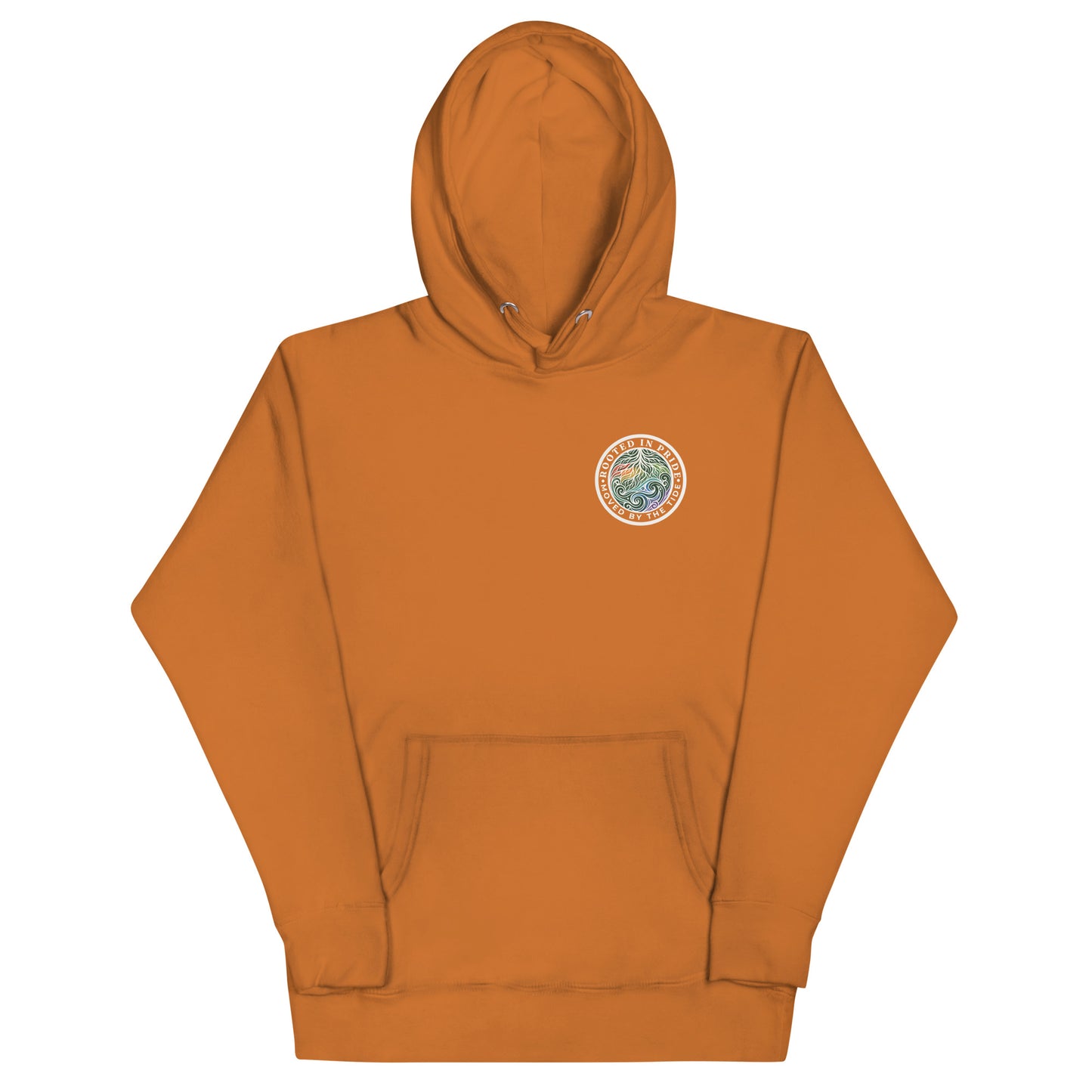 Moved by the Tide Hoodie — adobe, front view, queer-owned PNW Pride apparel