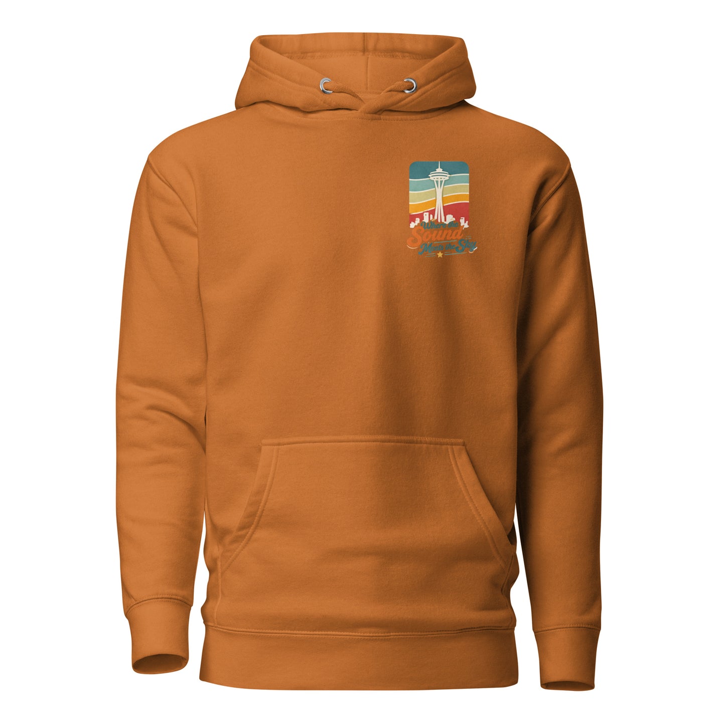 Where the Sound Meets the Sky Hoodie — adobe, front view, queer-owned PNW Pride apparel