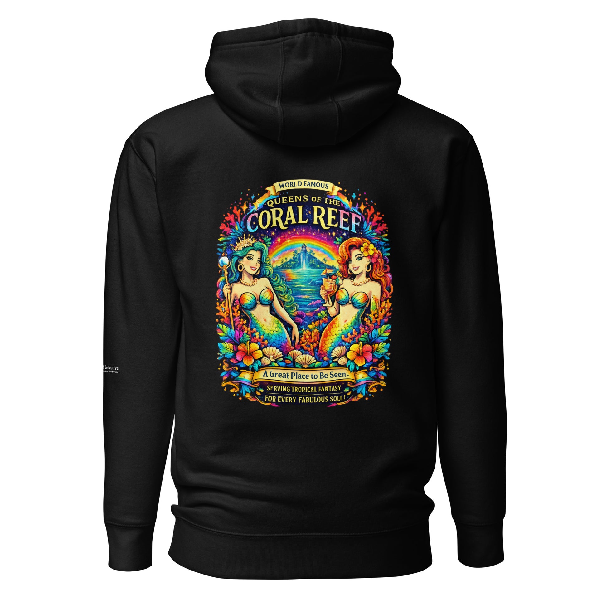 Queens of the Coral Reef Hoodie — black, back view, queer-owned PNW Pride apparel
