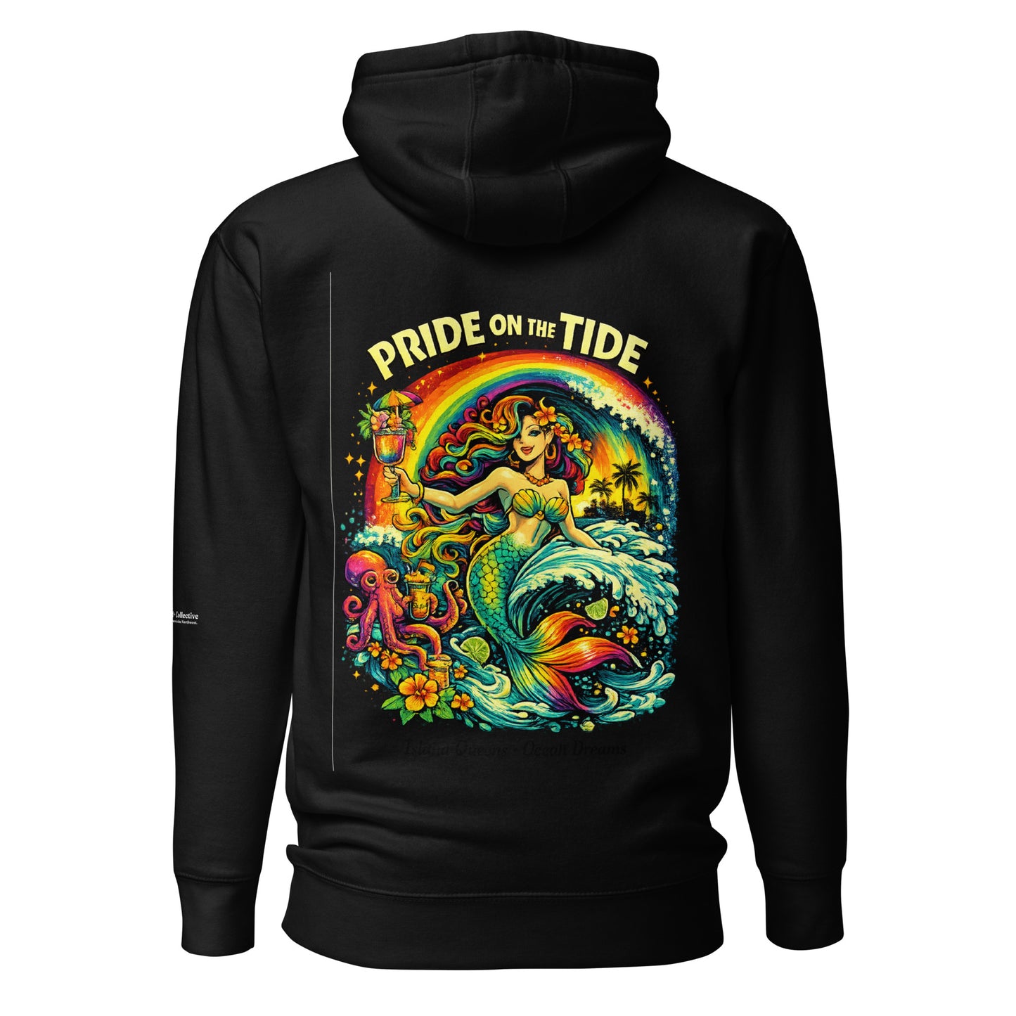 Pride on the Tide Hoodie — black, back view, queer-owned PNW Pride apparel