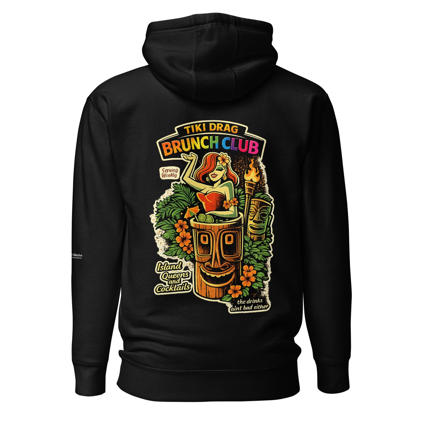 Tiki Drag Brunch Hoodie — black, back view, queer-owned PNW Pride apparel