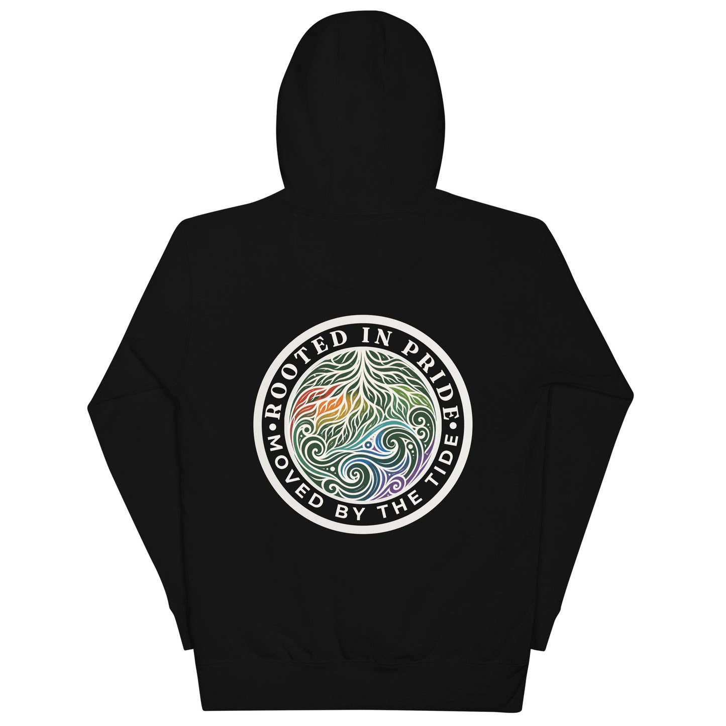 Moved by the Tide Hoodie — black, back view, queer-owned PNW Pride apparel