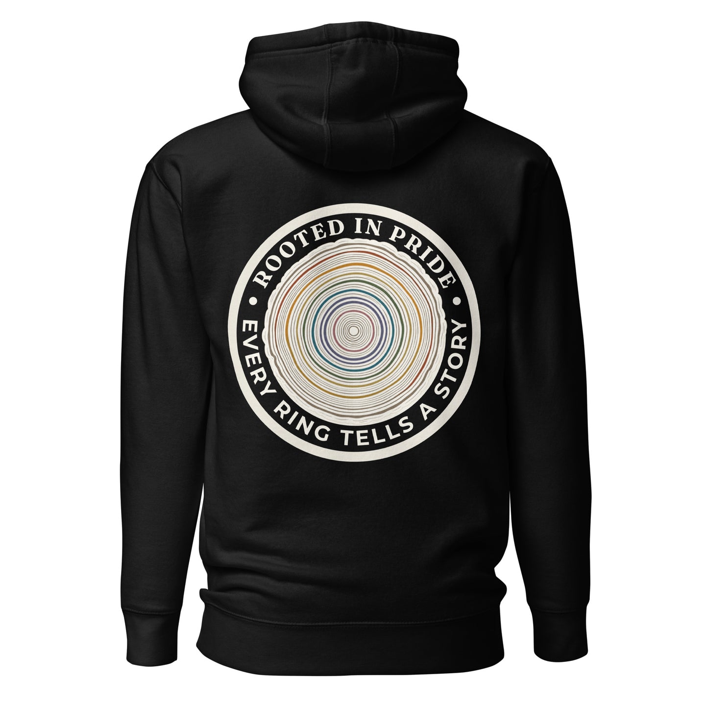 Quiet Rings Hoodie — black, back view, queer-owned PNW Pride apparel