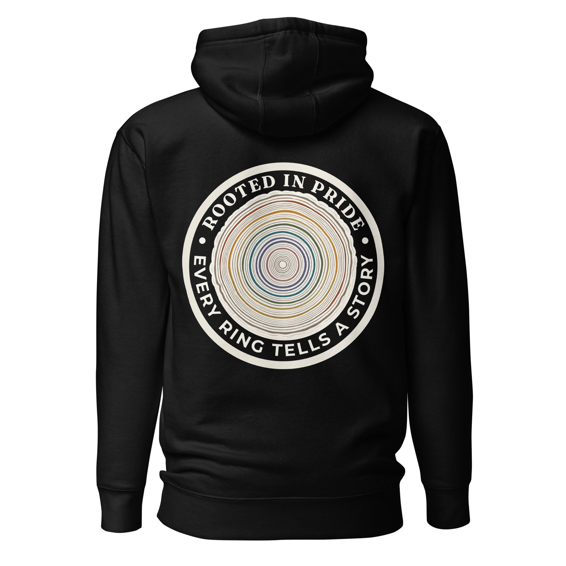 Quiet Rings Hoodie — black, back view, queer-owned PNW Pride apparel