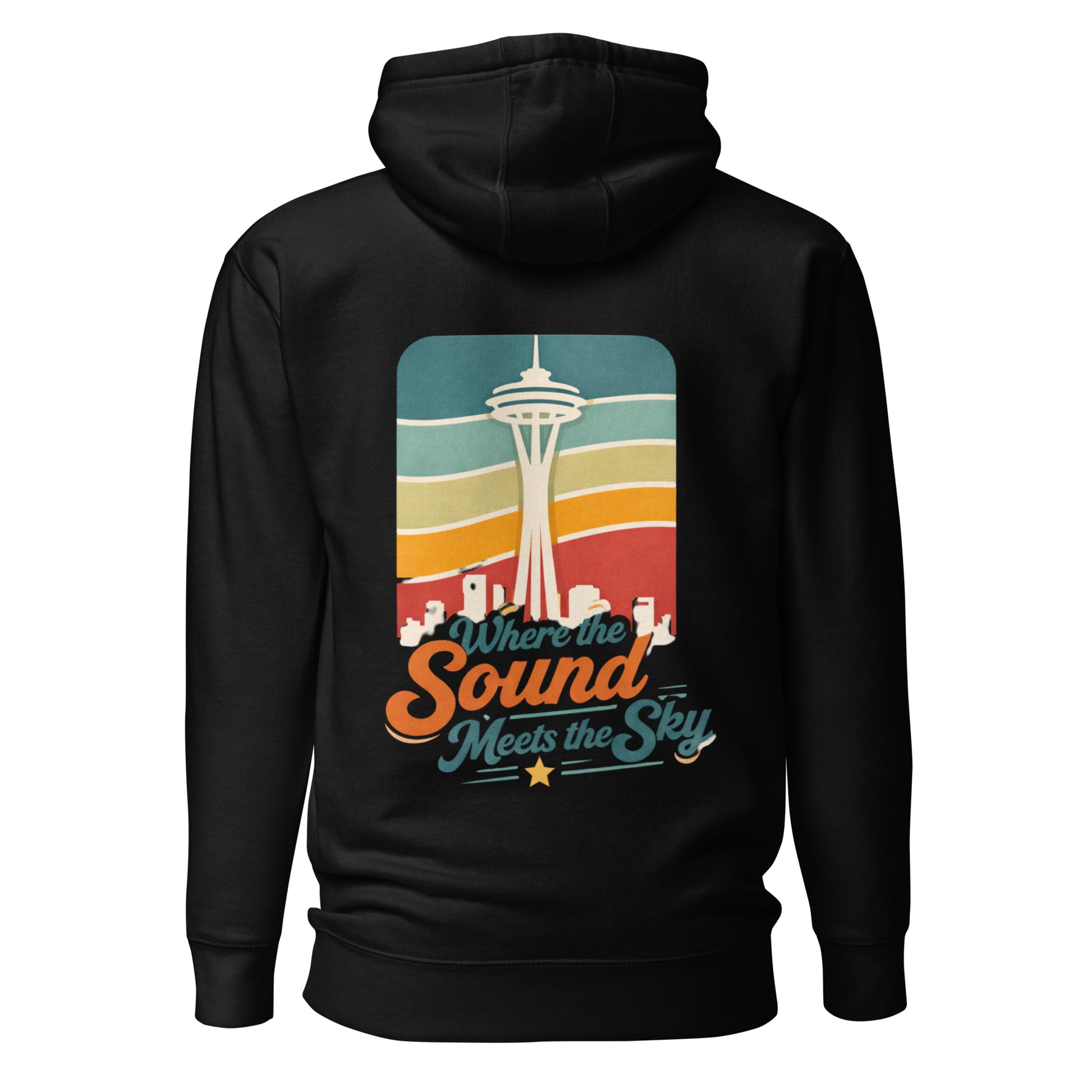 Where the Sound Meets the Sky Hoodie — black, back view, queer-owned PNW Pride apparel