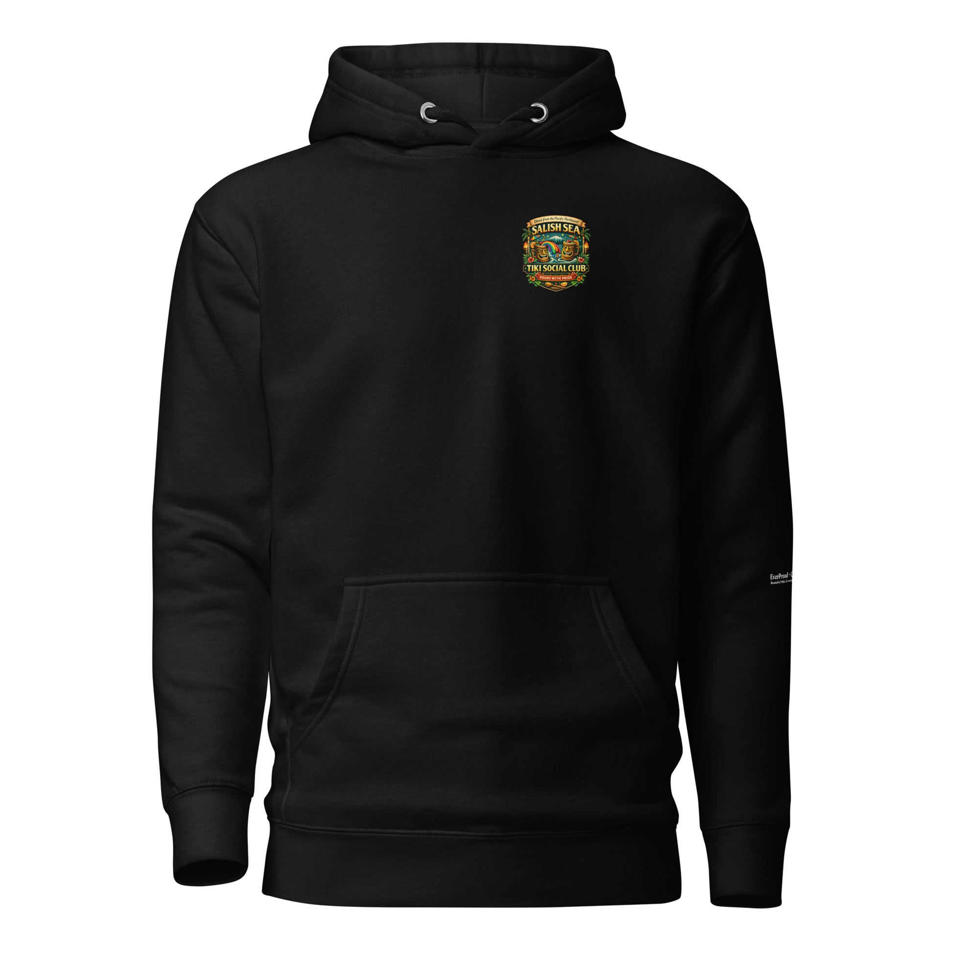 Tiki Drag Brunch Hoodie — black, front view, queer-owned PNW Pride apparel