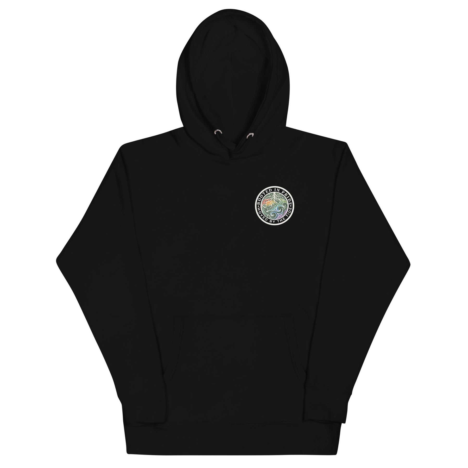 Moved by the Tide Hoodie — black, front view, queer-owned PNW Pride apparel