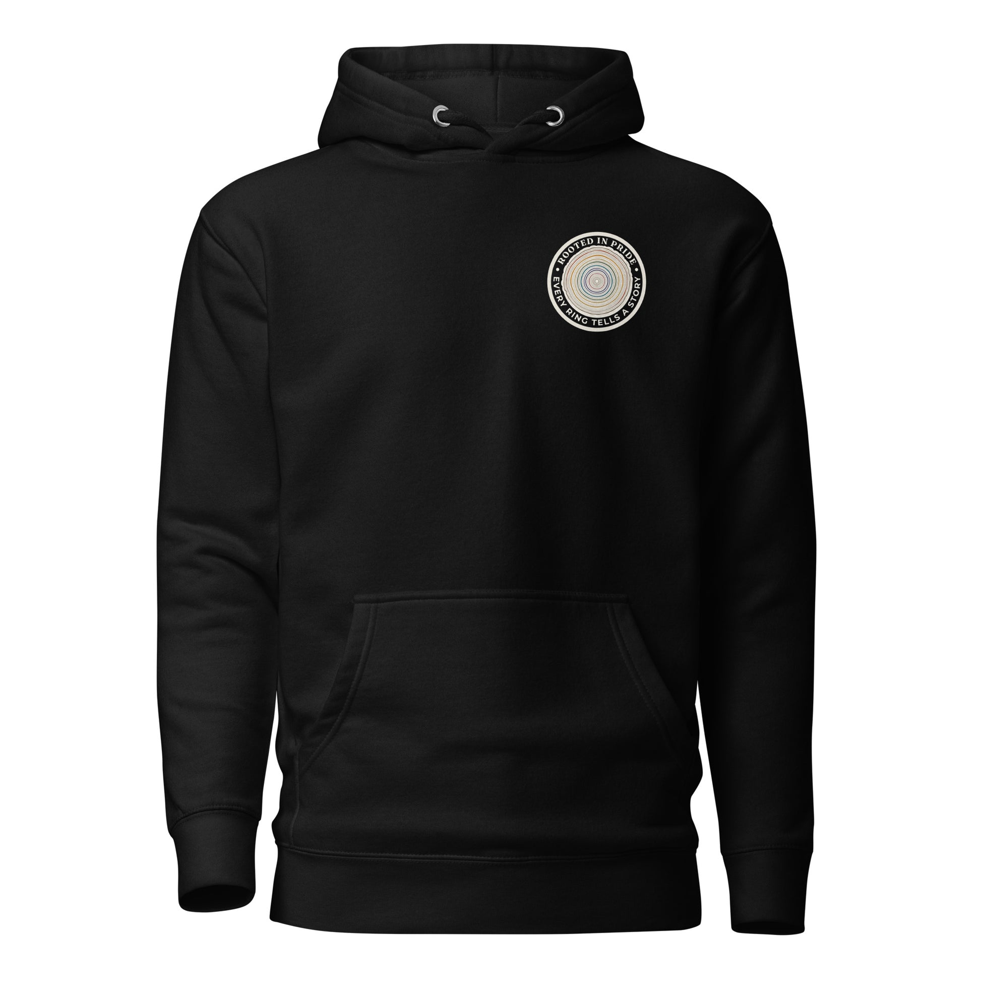 Quiet Rings Hoodie — black, front view, queer-owned PNW Pride apparel