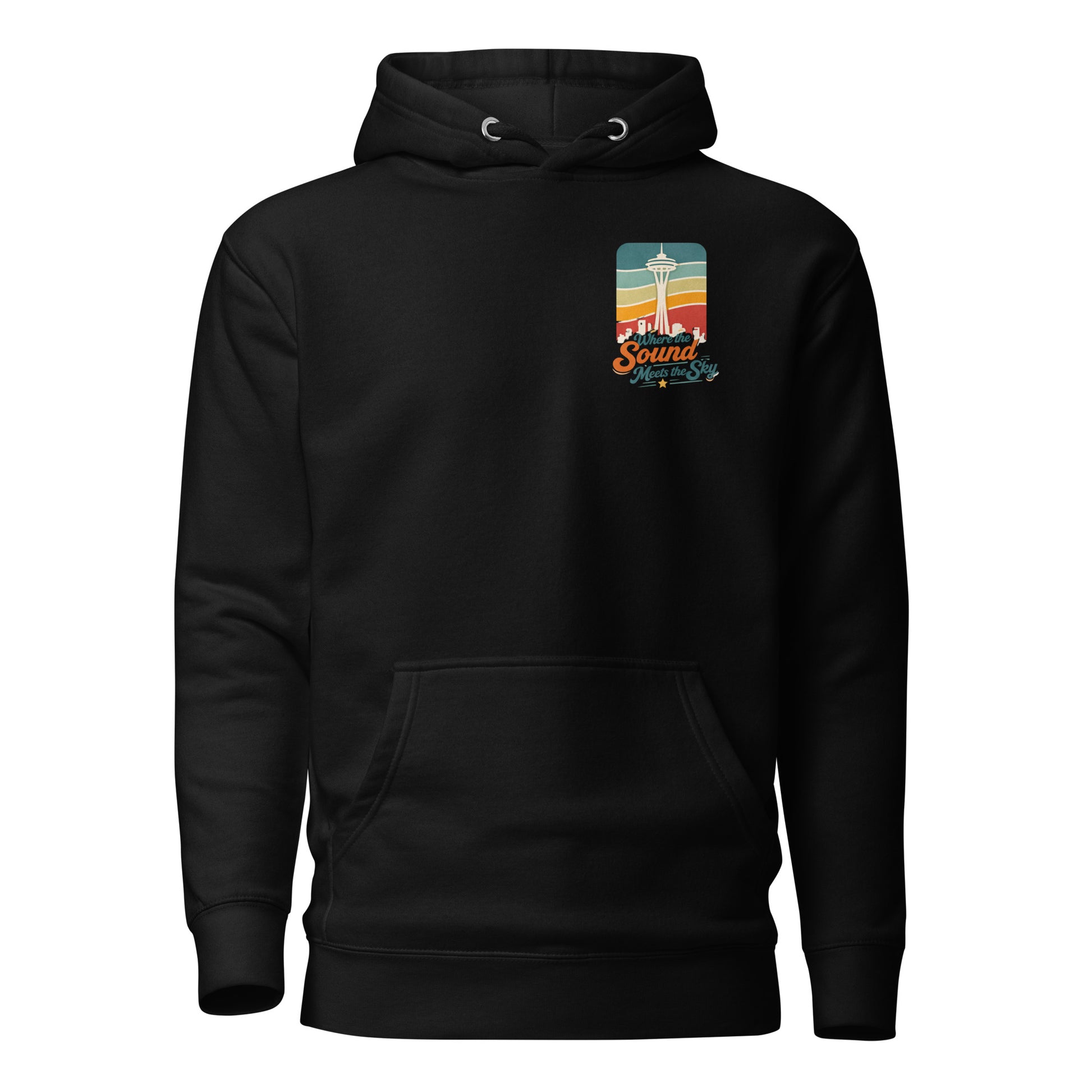 Where the Sound Meets the Sky Hoodie — black, front view, queer-owned PNW Pride apparel