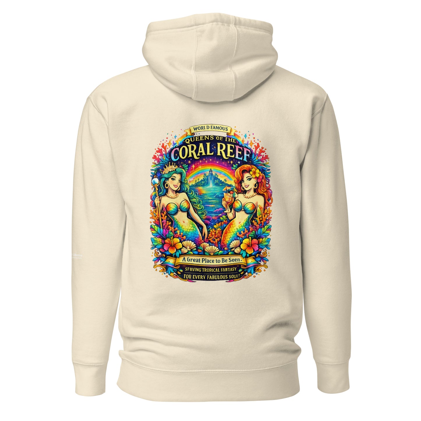 Queens of the Coral Reef Hoodie — bone, back view, queer-owned PNW Pride apparel