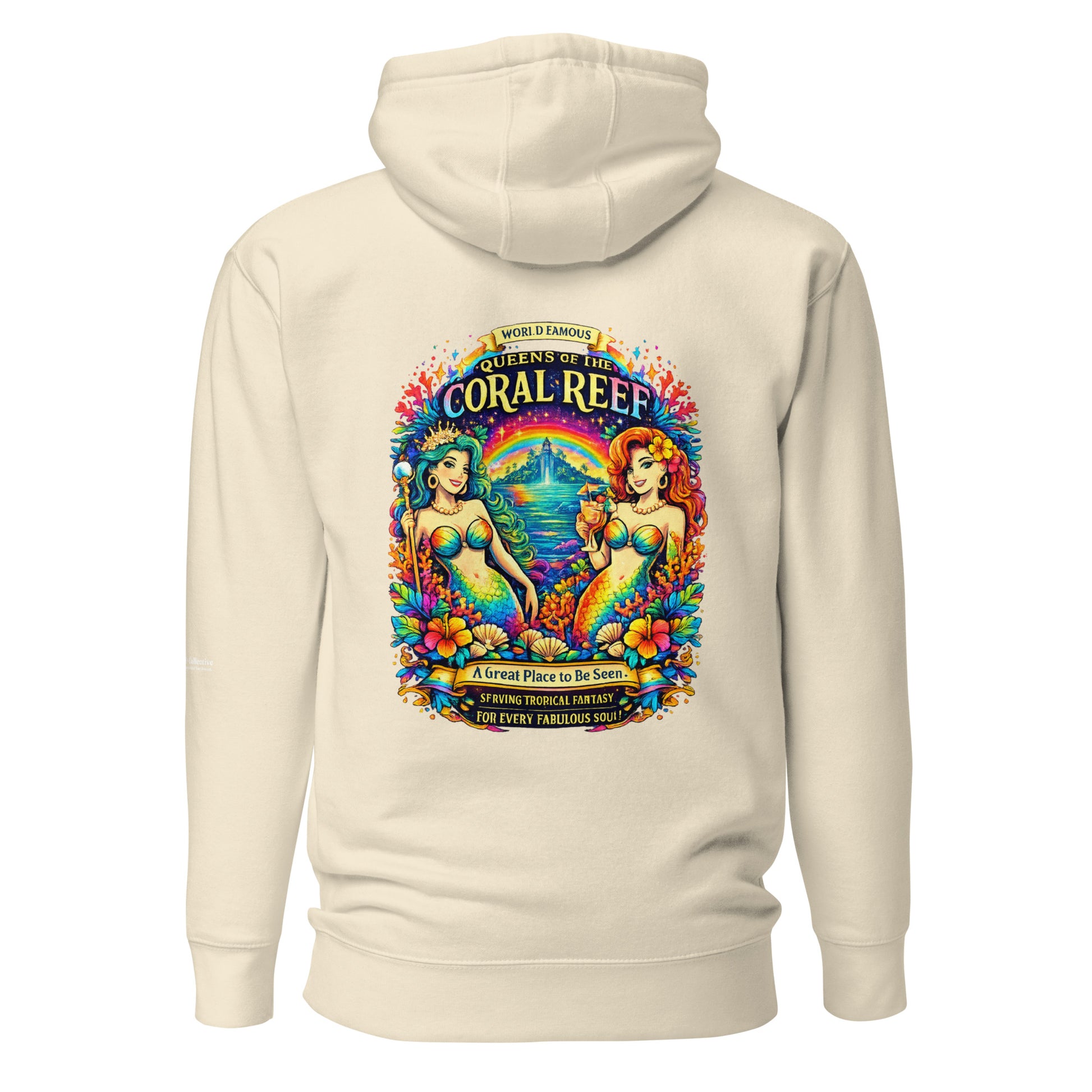 Queens of the Coral Reef Hoodie — bone, back view, queer-owned PNW Pride apparel