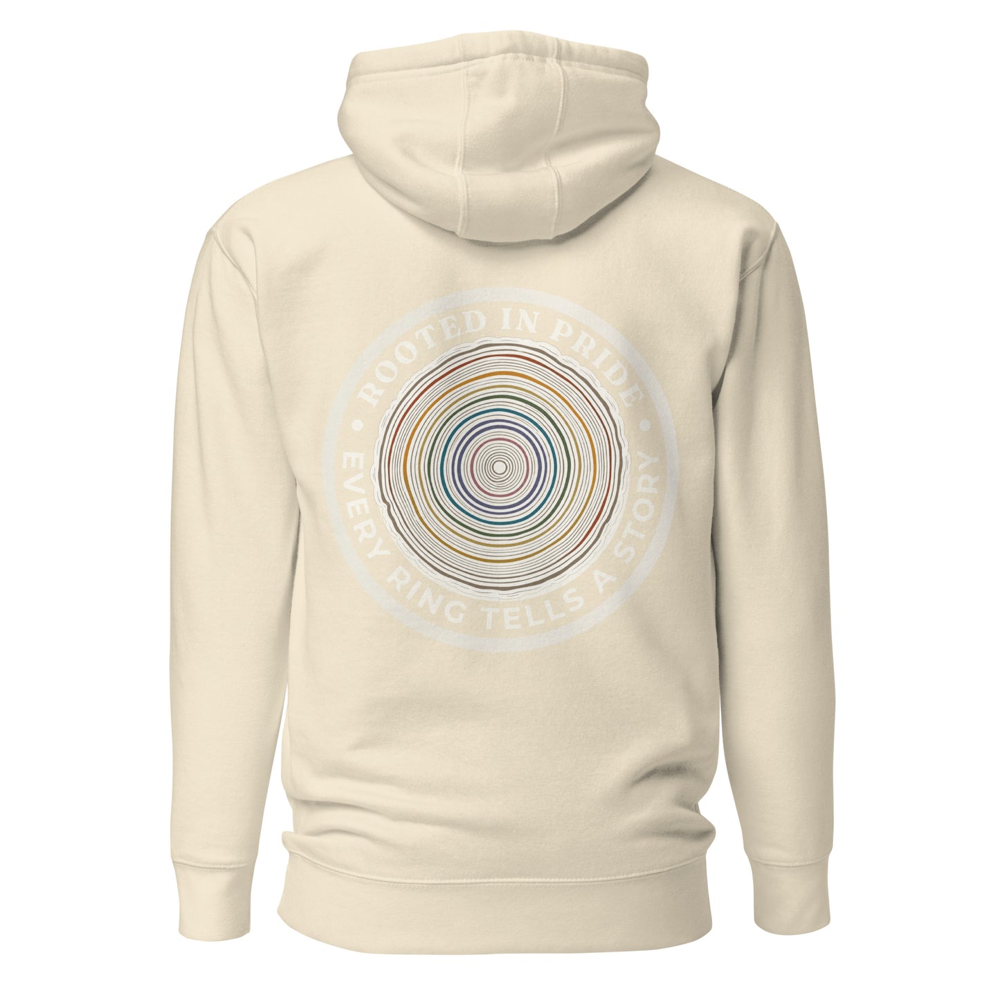 Quiet Rings Hoodie — bone, back view, queer-owned PNW Pride apparel