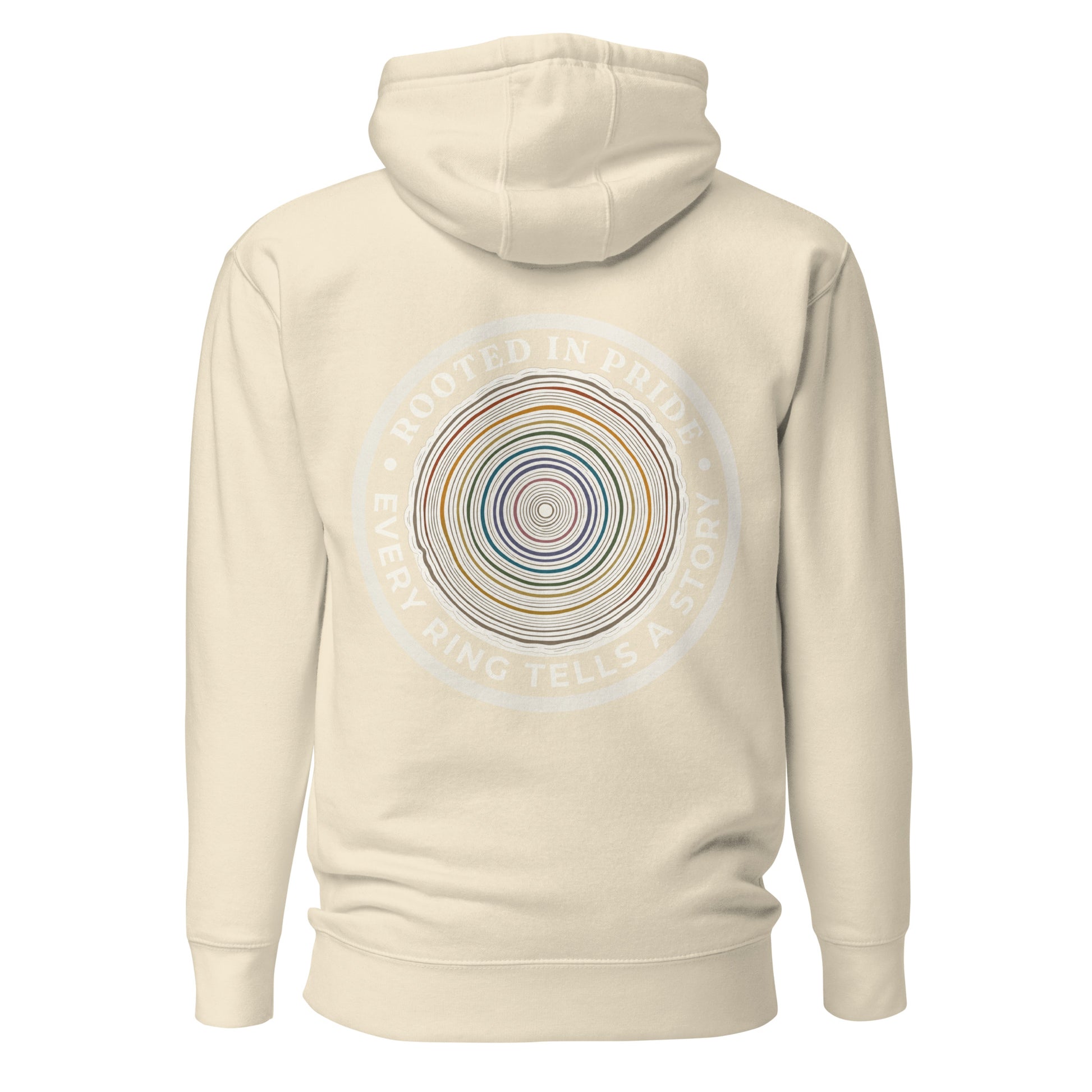 Quiet Rings Hoodie — bone, back view, queer-owned PNW Pride apparel