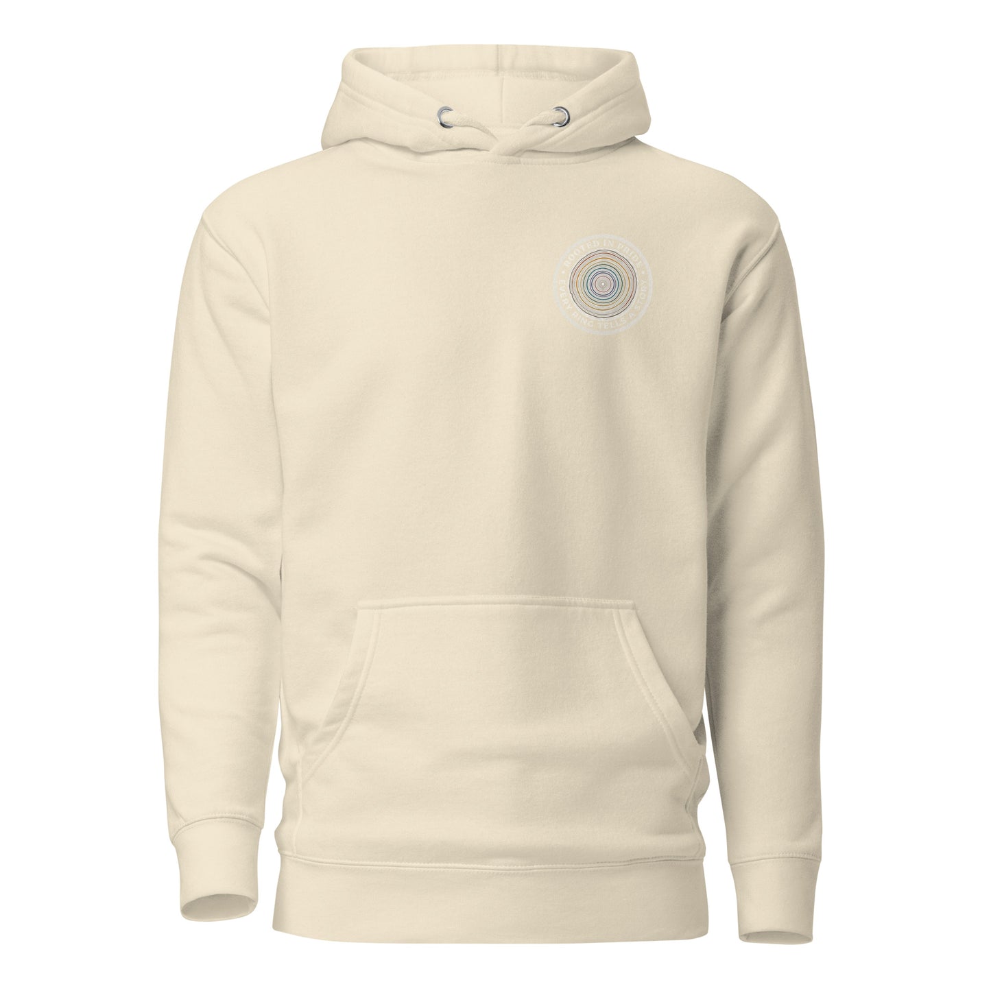 Quiet Rings Hoodie — bone, front view, queer-owned PNW Pride apparel