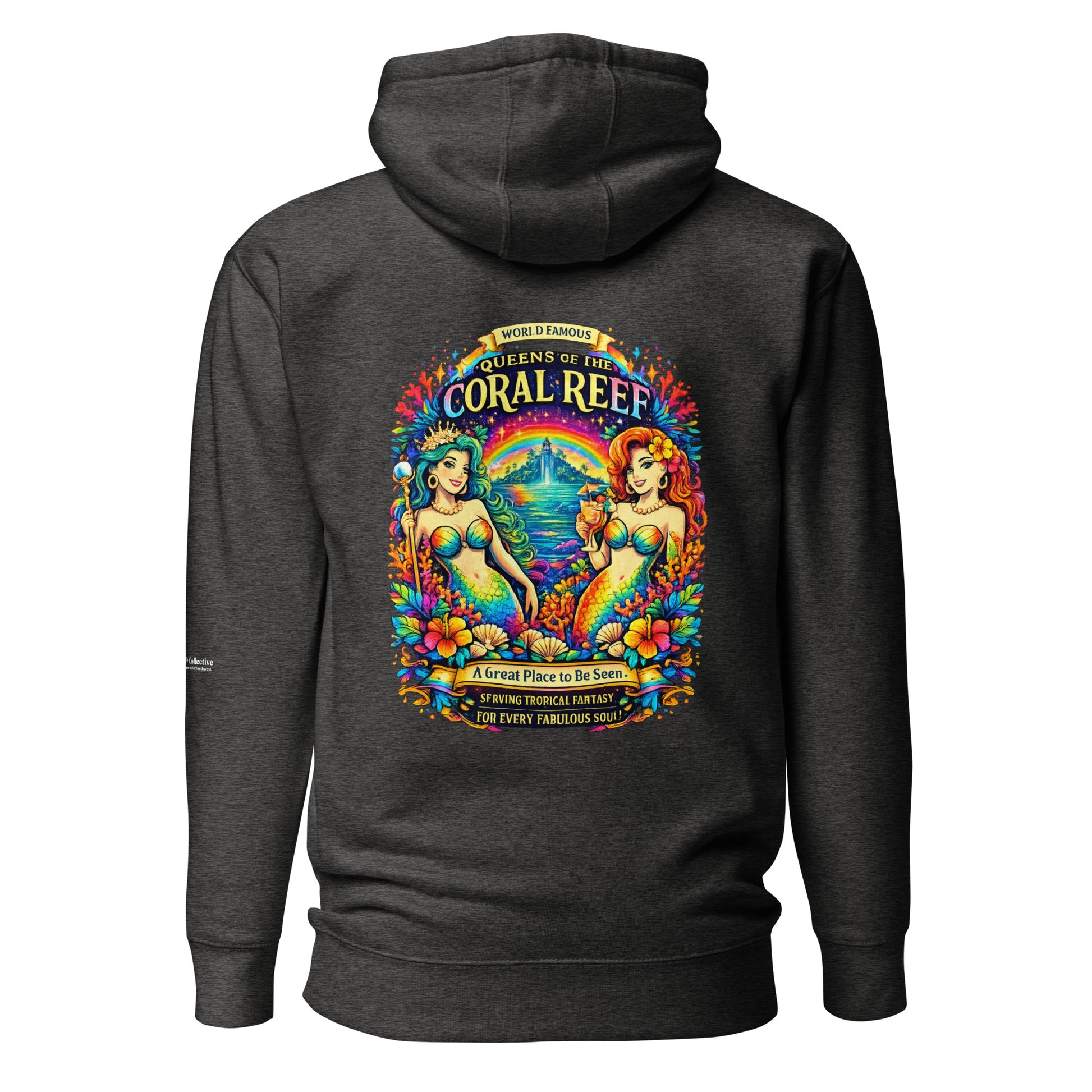 Queens of the Coral Reef Hoodie — charcoal heather, back view, queer-owned PNW Pride apparel