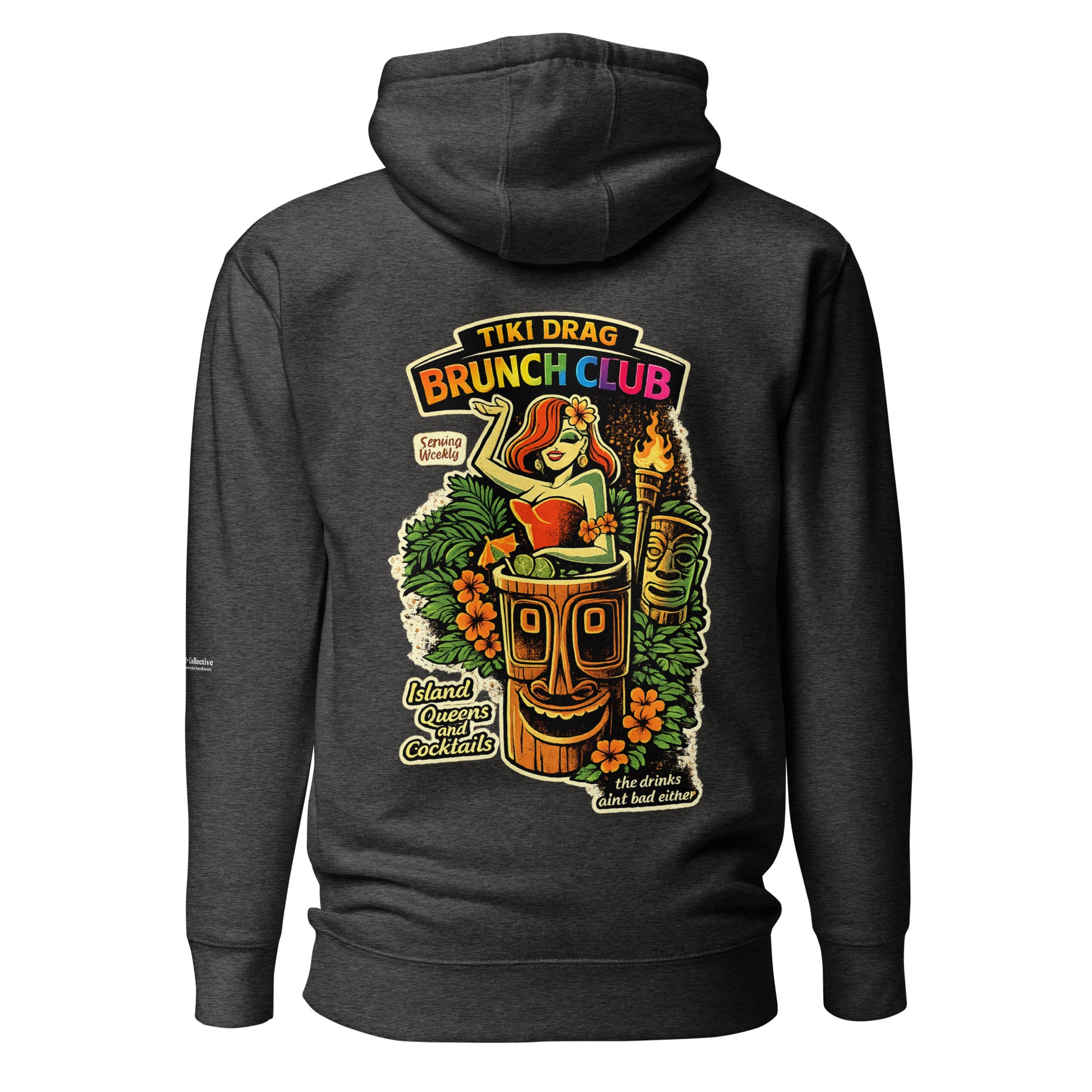 Tiki Drag Brunch Hoodie — charcoal heather, back view, queer-owned PNW Pride apparel