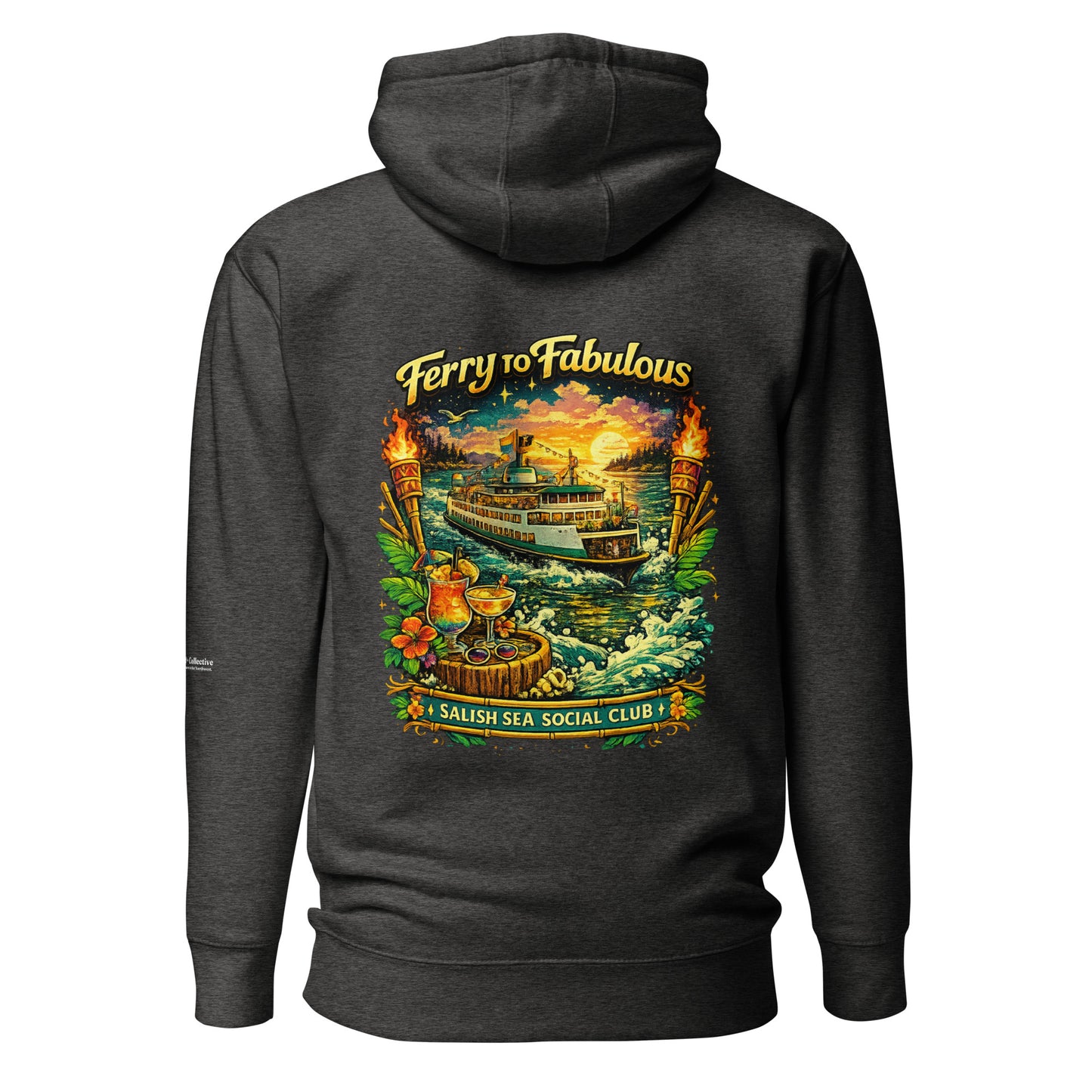 Ferry to Fabulous Hoodie — charcoal heather, back view, queer-owned PNW Pride apparel