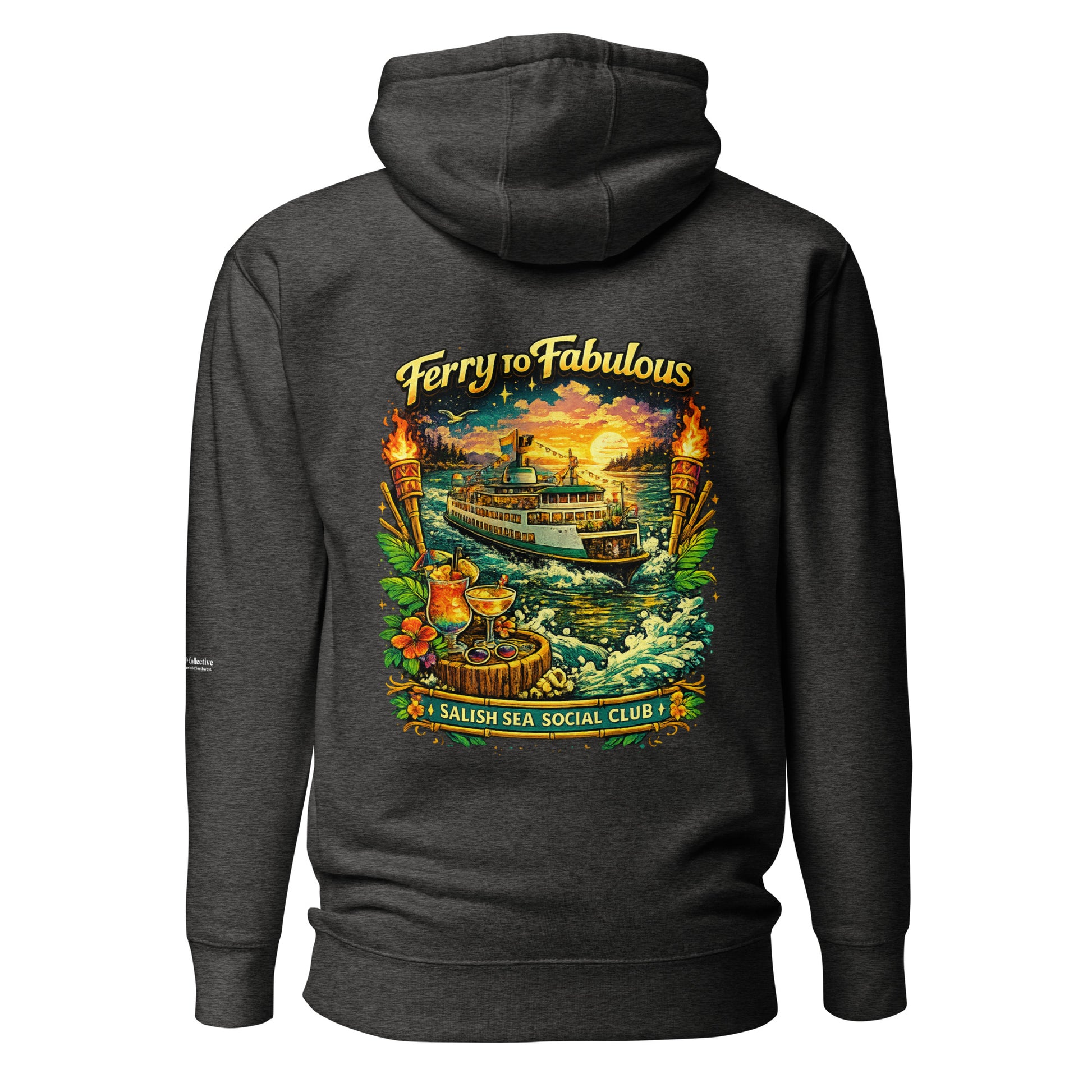 Ferry to Fabulous Hoodie — charcoal heather, back view, queer-owned PNW Pride apparel