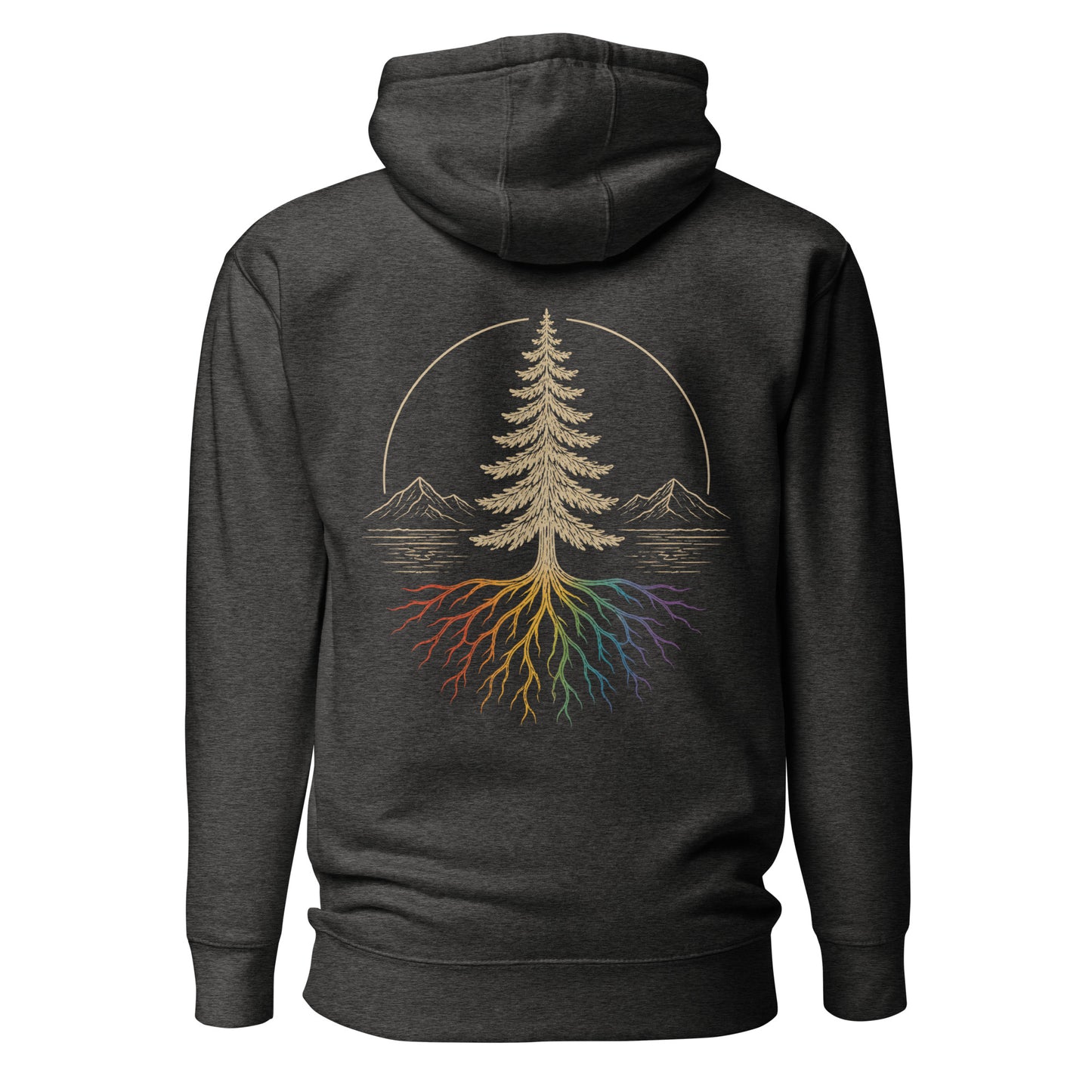 Beneath the Canopy Hoodie — charcoal heather, back view, queer-owned PNW Pride apparel