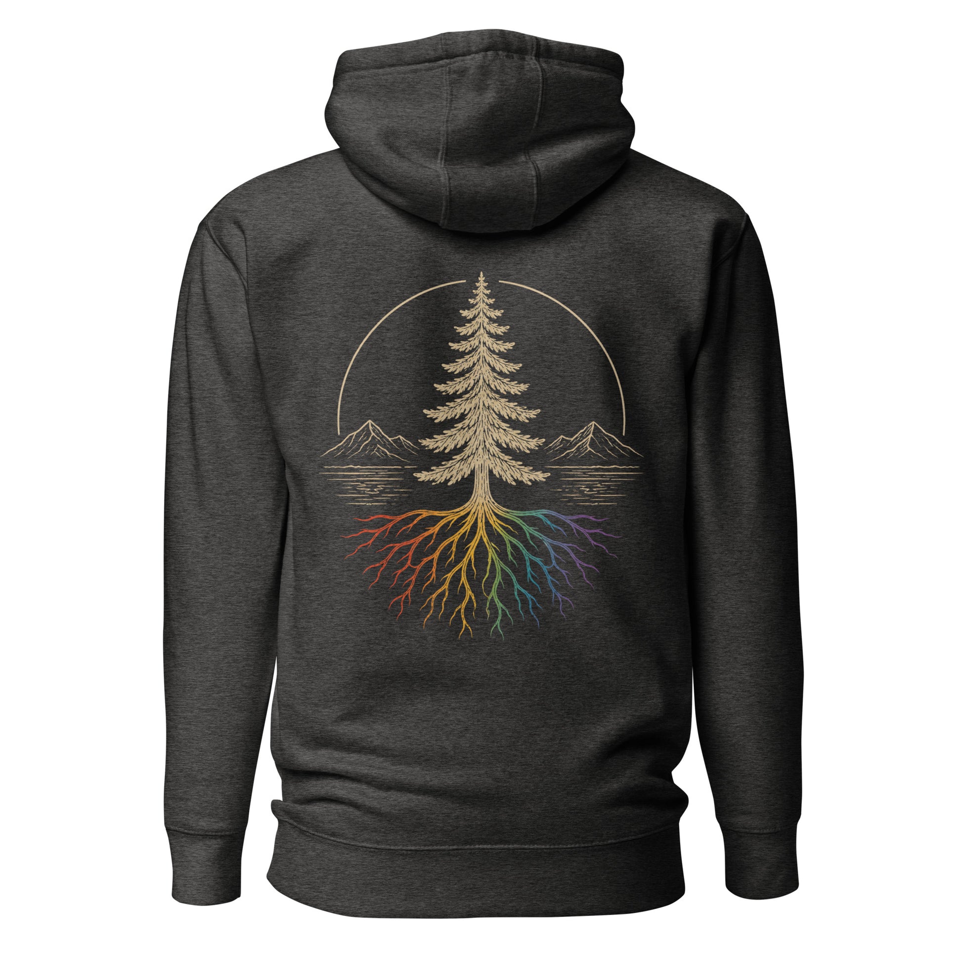 Beneath the Canopy Hoodie — charcoal heather, back view, queer-owned PNW Pride apparel