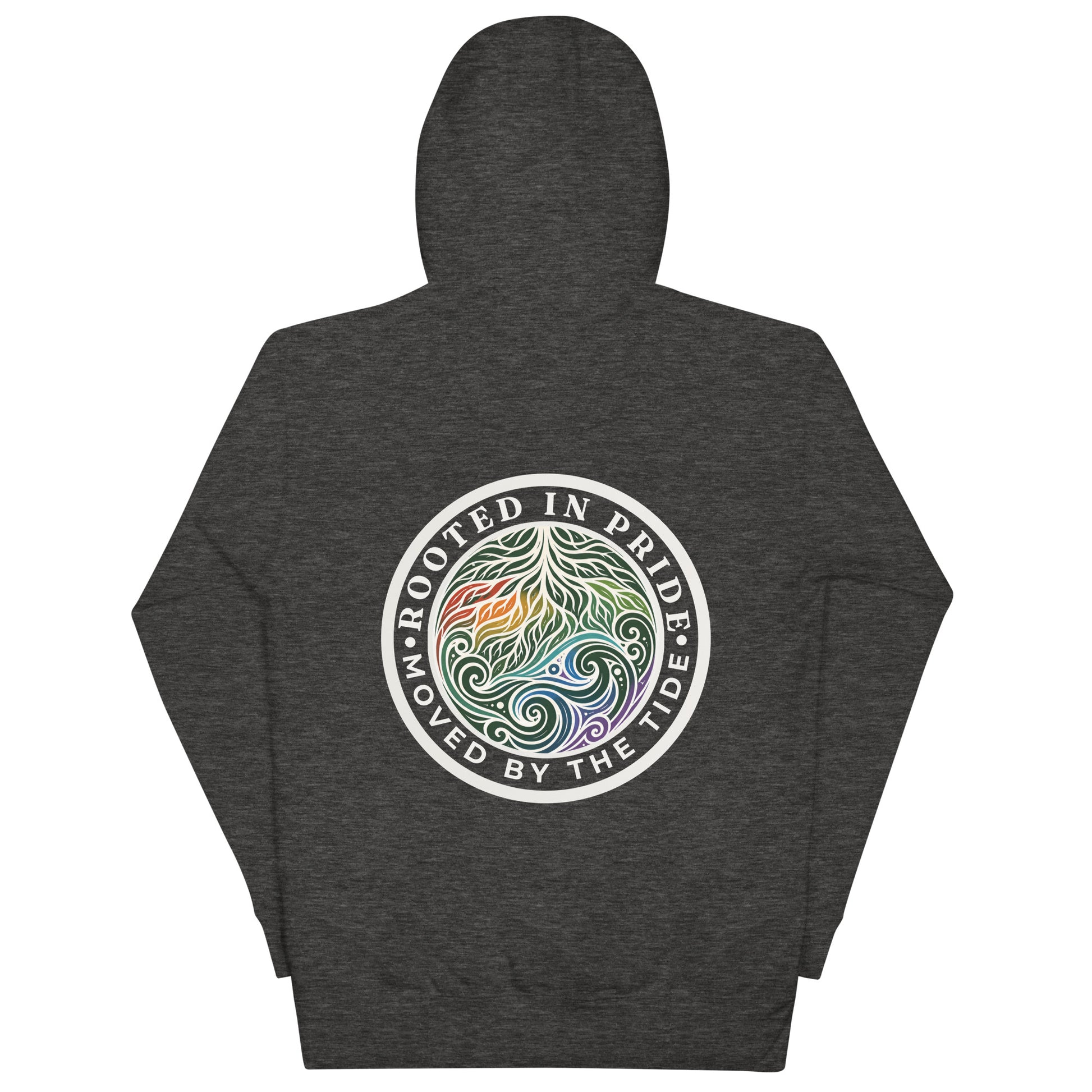 Moved by the Tide Hoodie — charcoal heather, back view, queer-owned PNW Pride apparel