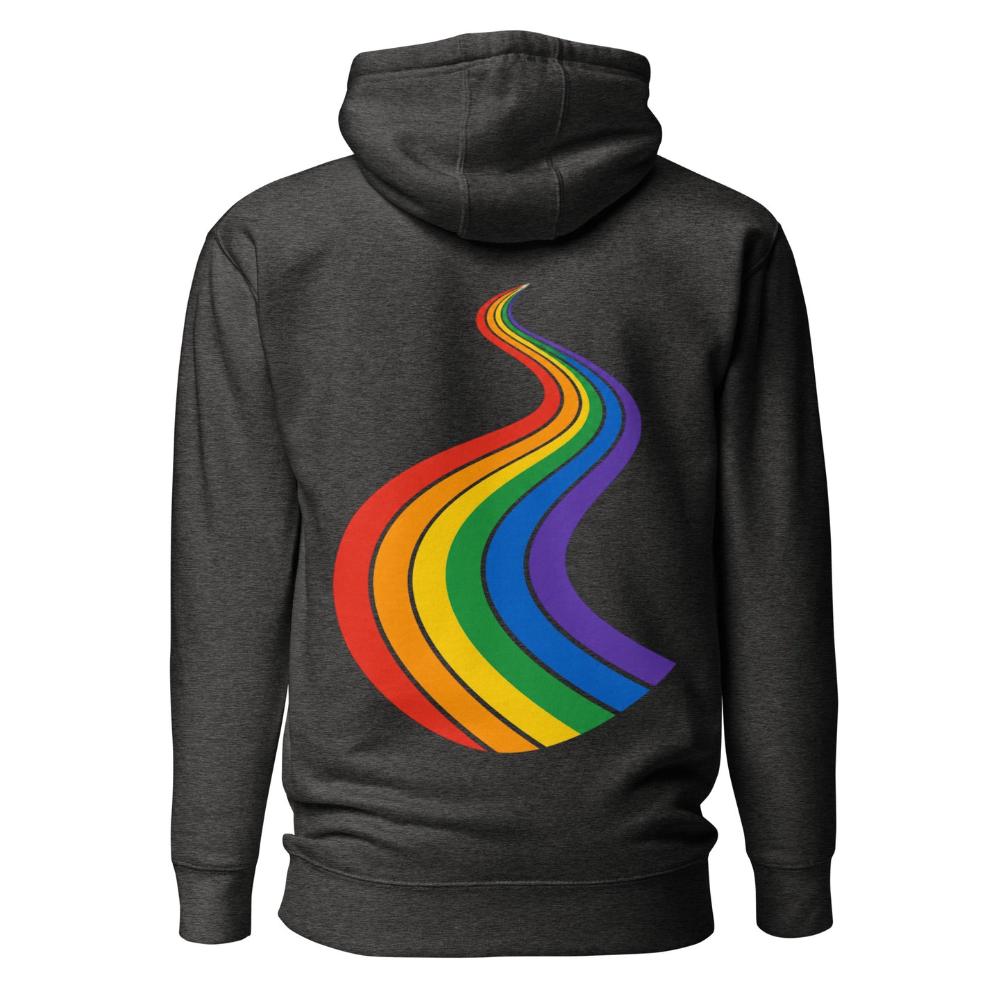 ProudPath Hoodie — charcoal heather, back view, queer-owned PNW Pride apparel