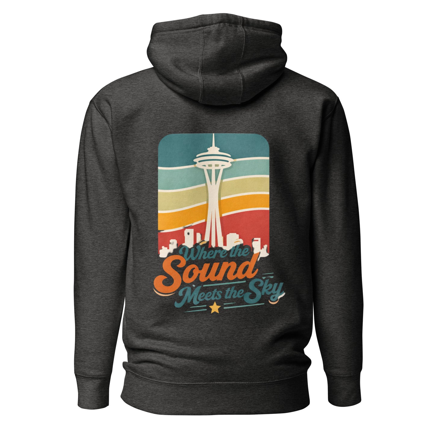 Where the Sound Meets the Sky Hoodie — charcoal heather, back view, queer-owned PNW Pride apparel