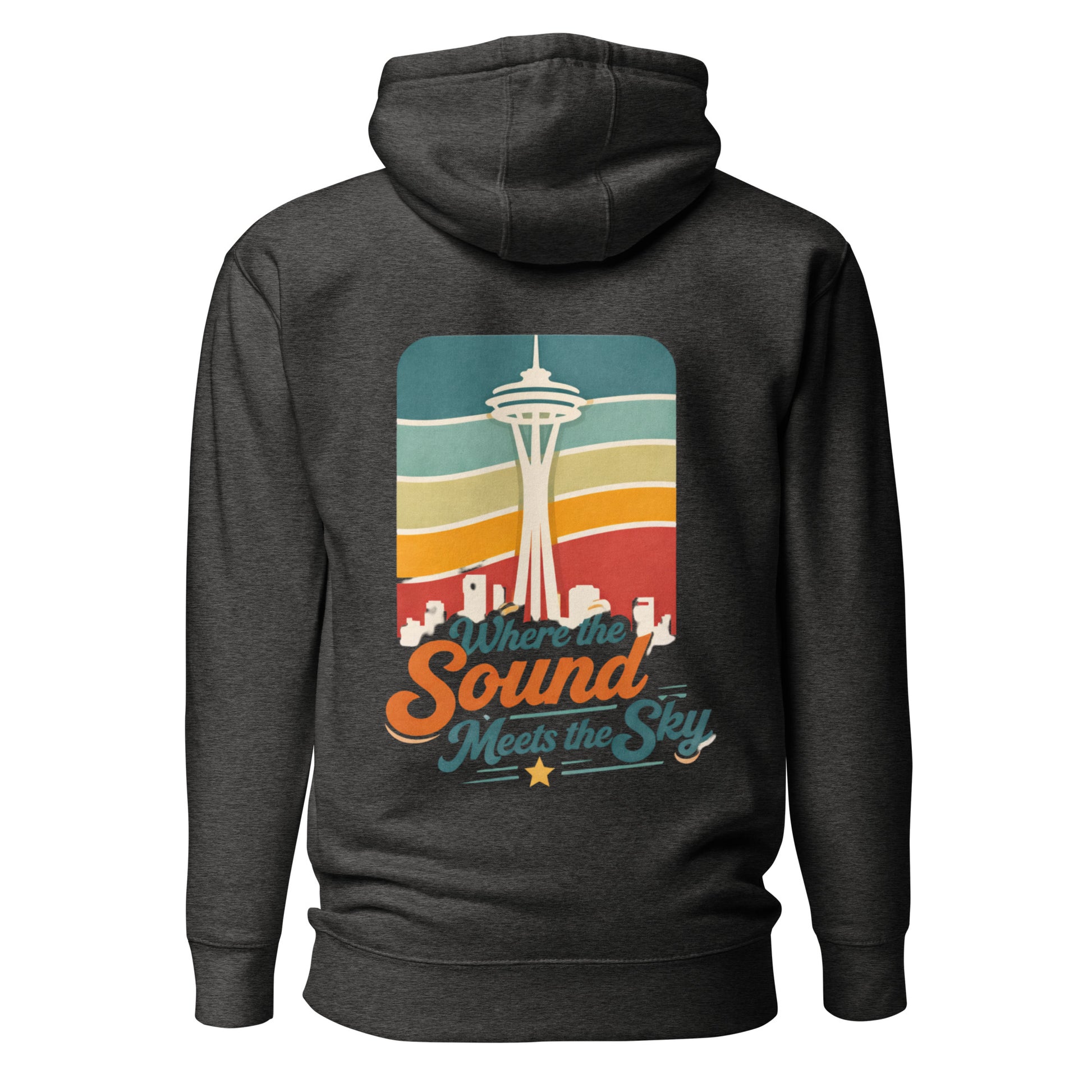 Where the Sound Meets the Sky Hoodie — charcoal heather, back view, queer-owned PNW Pride apparel