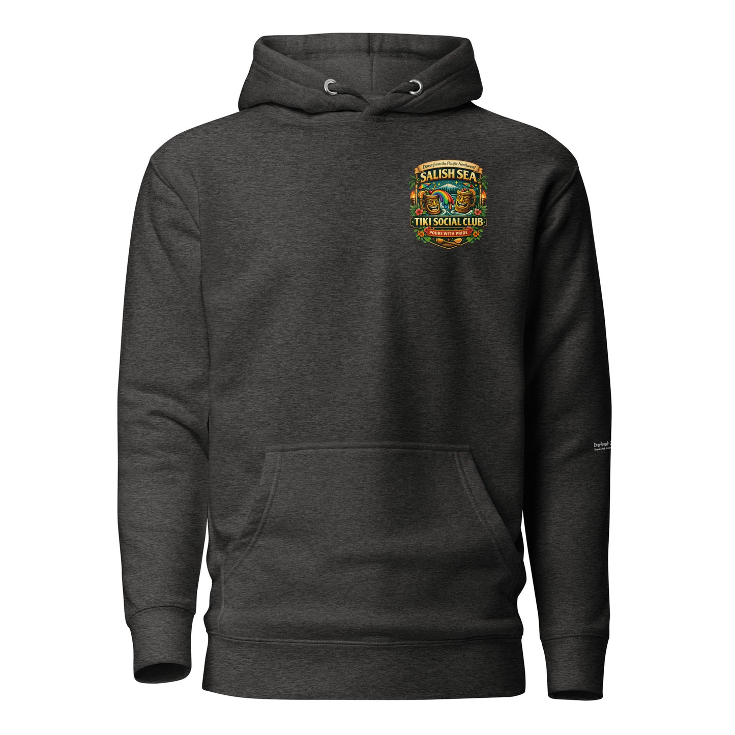 Queens of the Coral Reef Hoodie — charcoal heather, front view, queer-owned PNW Pride apparel