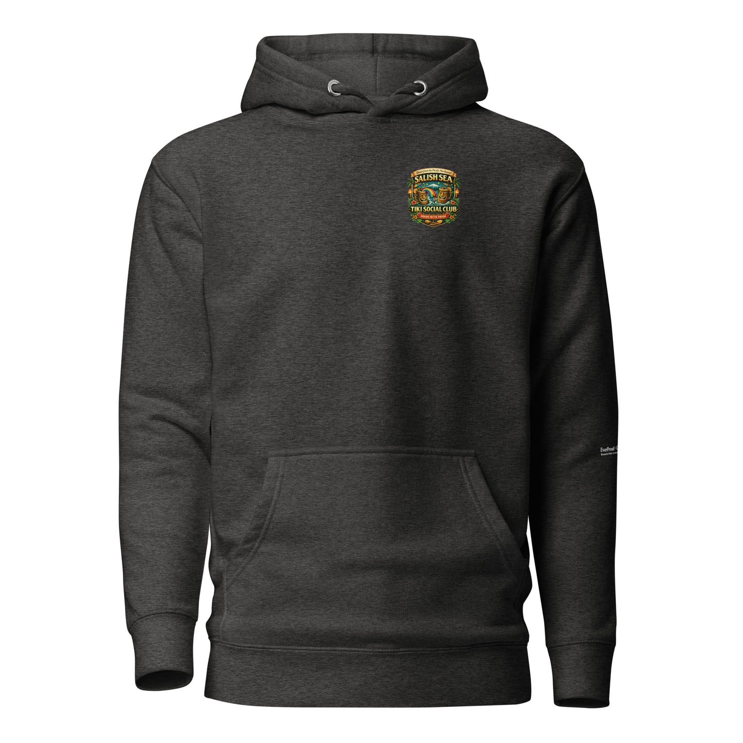 Tiki Drag Brunch Hoodie — charcoal heather, front view, queer-owned PNW Pride apparel
