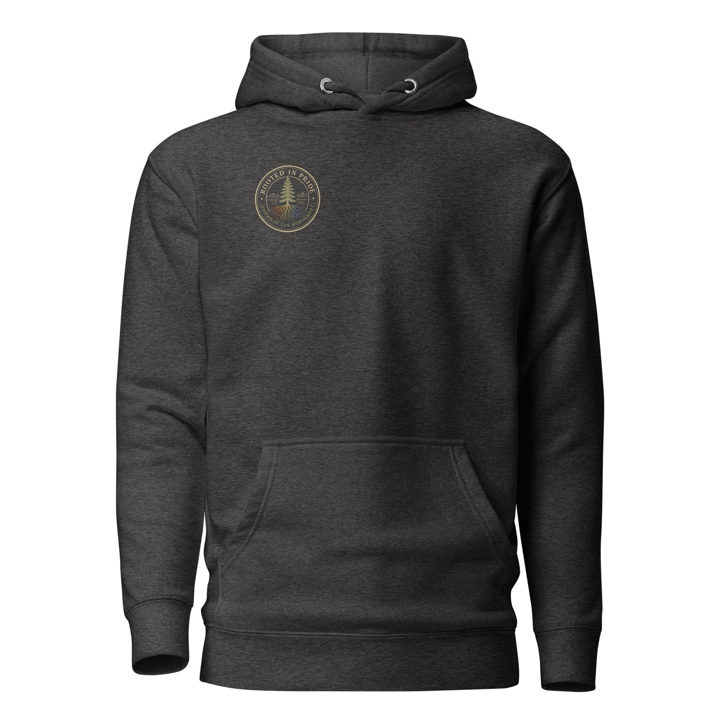 Beneath the Canopy Hoodie — charcoal heather, front view, queer-owned PNW Pride apparel