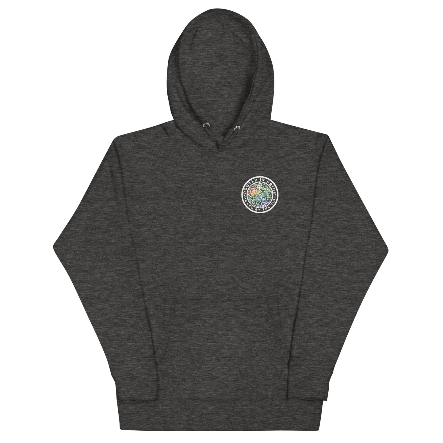 Moved by the Tide Hoodie — charcoal heather, front view, queer-owned PNW Pride apparel