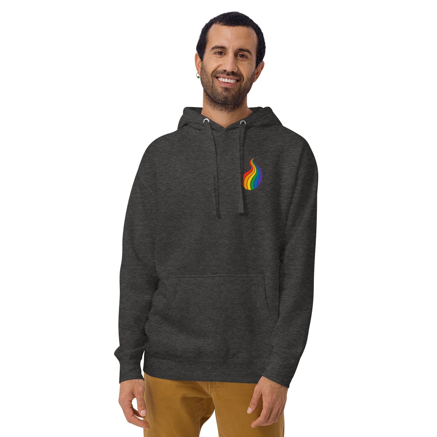 ProudPath Hoodie — charcoal heather, front view, queer-owned PNW Pride apparel