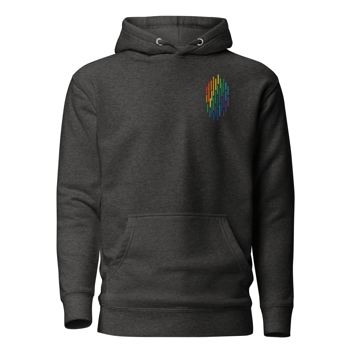 PrideFall Hoodie — charcoal heather, front view, queer-owned PNW Pride apparel