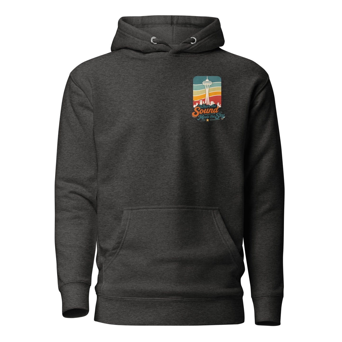 Where the Sound Meets the Sky Hoodie — charcoal heather, front view, queer-owned PNW Pride apparel