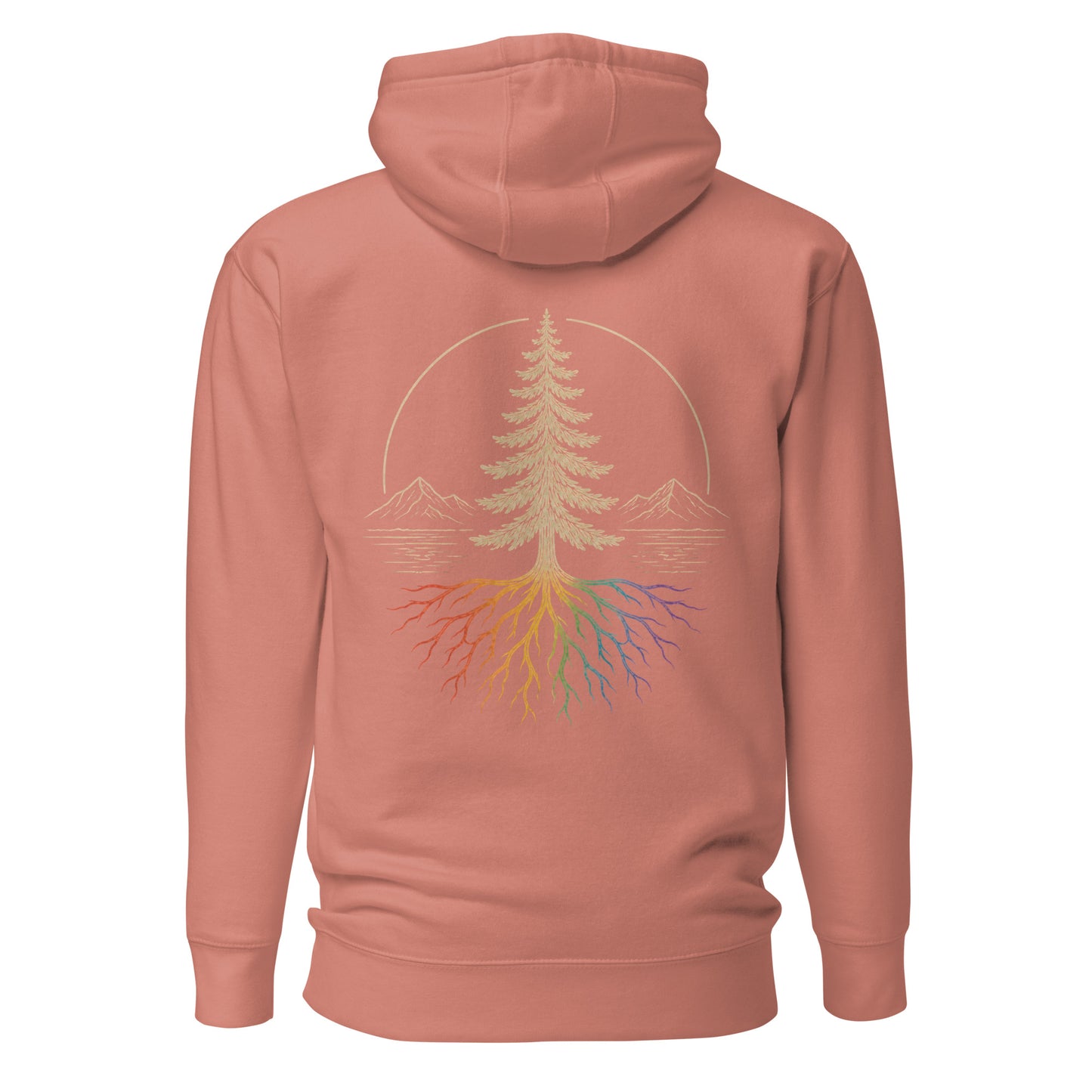 Beneath the Canopy Hoodie — dusty rose, back view, queer-owned PNW Pride apparel
