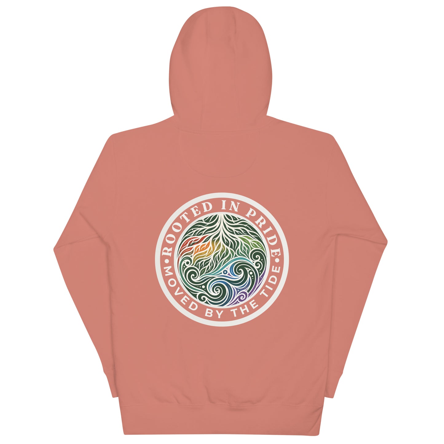 Moved by the Tide Hoodie — dusty rose, back view, queer-owned PNW Pride apparel
