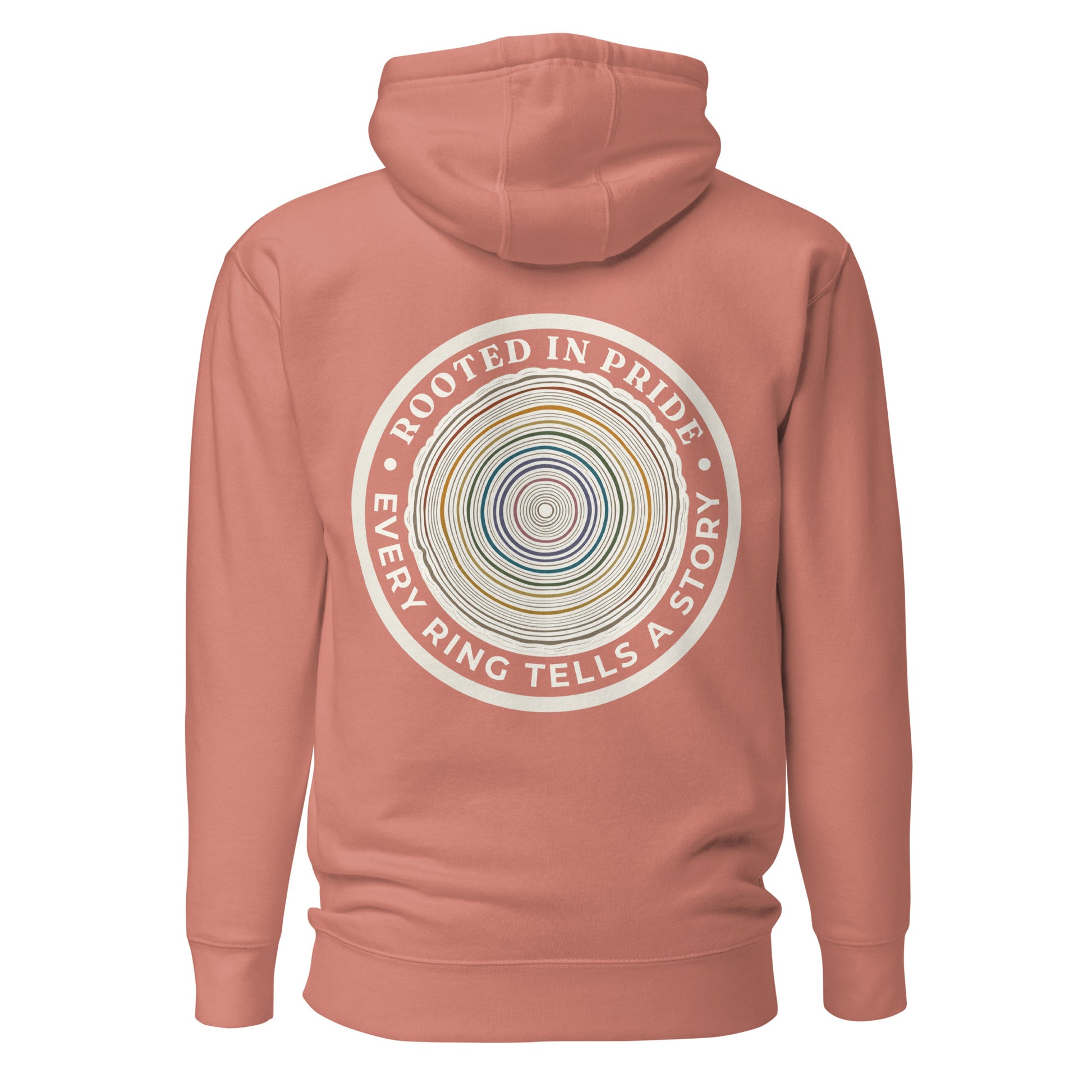 Quiet Rings Hoodie — dusty rose, back view, queer-owned PNW Pride apparel
