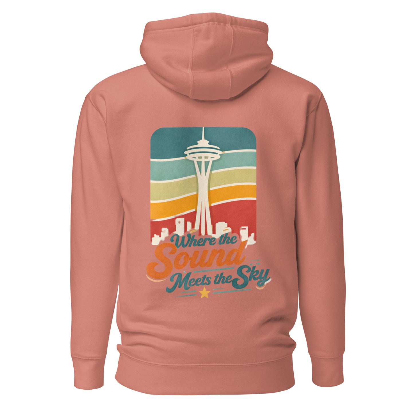 Where the Sound Meets the Sky Hoodie — dusty rose, back view, queer-owned PNW Pride apparel