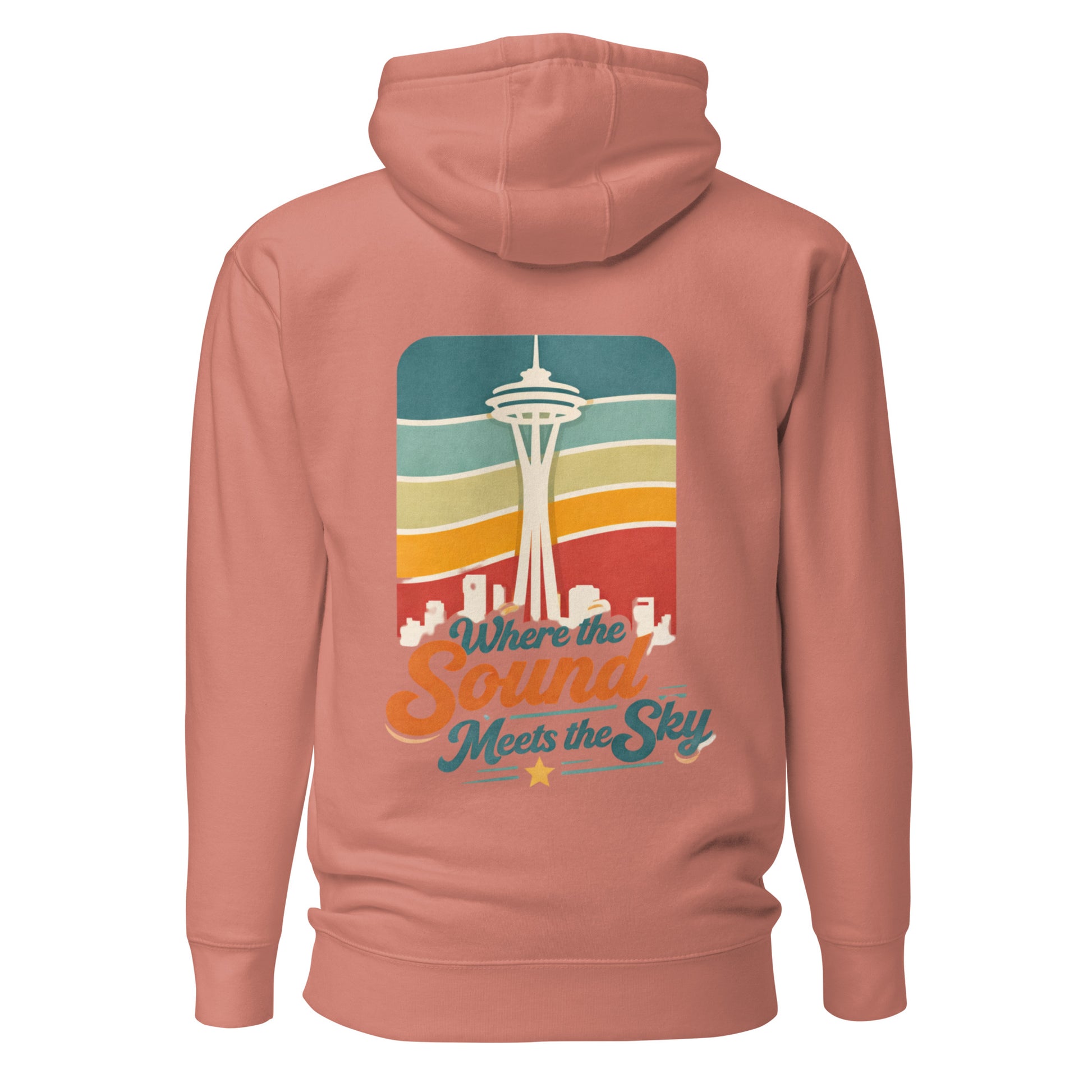 Where the Sound Meets the Sky Hoodie — dusty rose, back view, queer-owned PNW Pride apparel