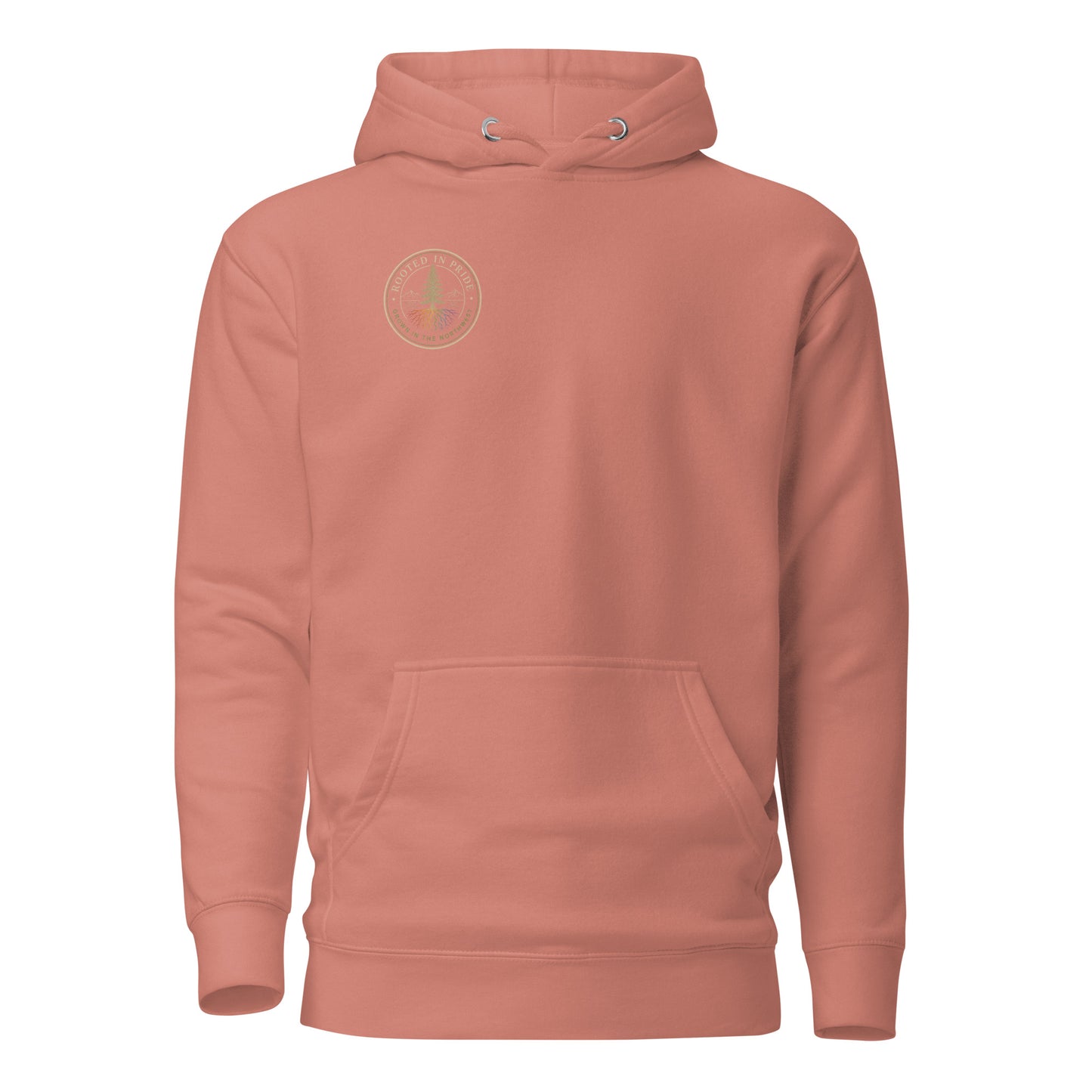 Beneath the Canopy Hoodie — dusty rose, front view, queer-owned PNW Pride apparel