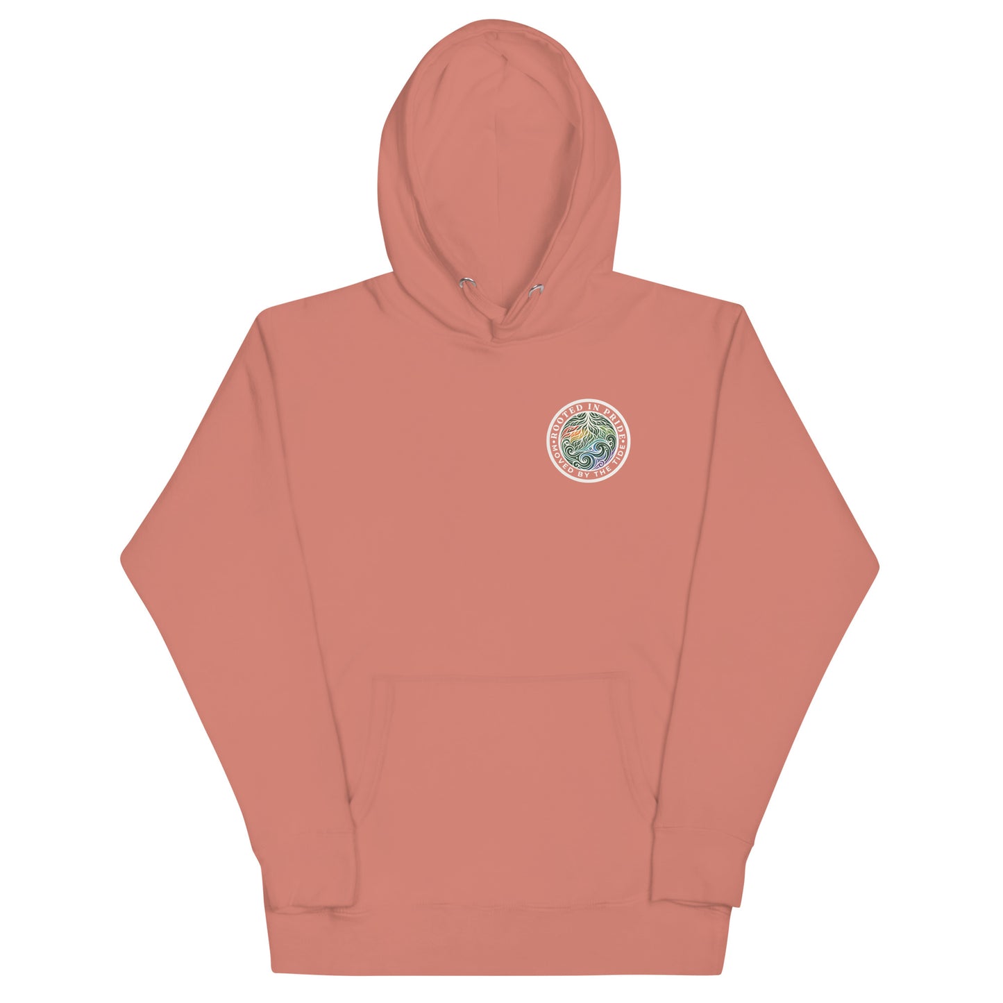 Moved by the Tide Hoodie — dusty rose, front view, queer-owned PNW Pride apparel