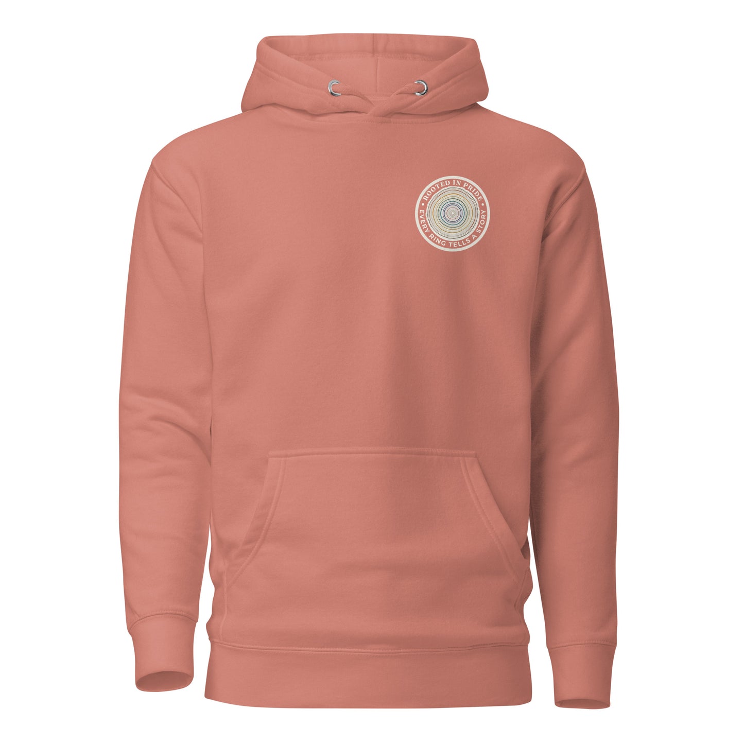 Quiet Rings Hoodie — dusty rose, front view, queer-owned PNW Pride apparel
