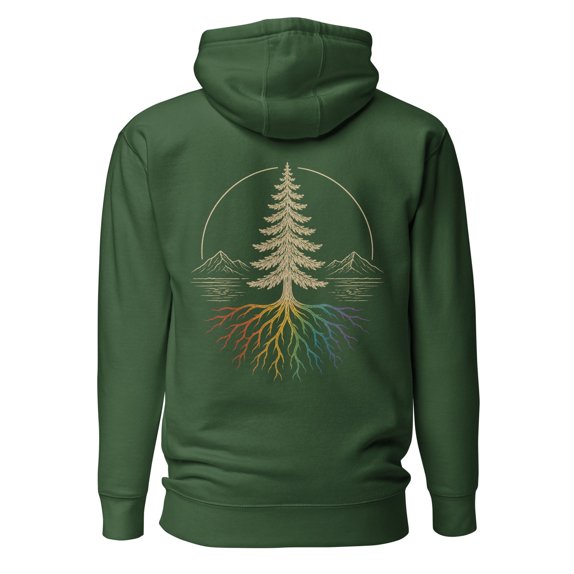 Beneath the Canopy Hoodie — forest green, back view, queer-owned PNW Pride apparel